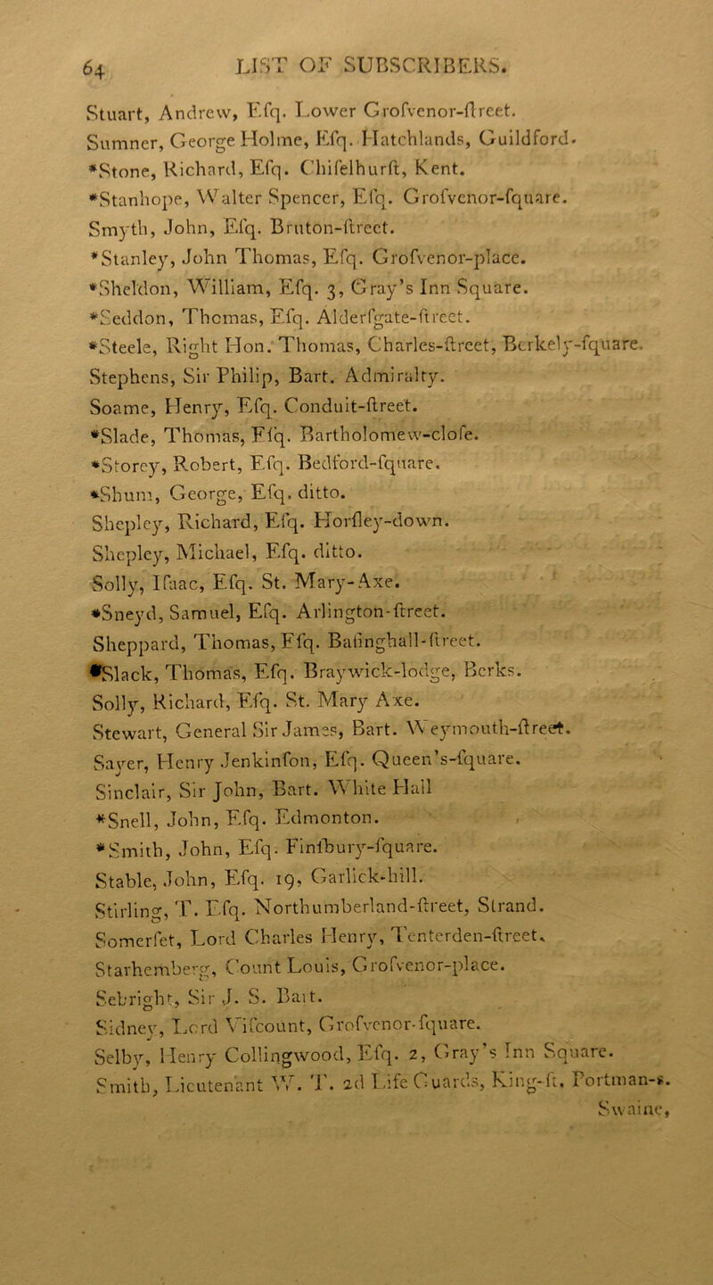 Stuart, Andrew, Efq. Lower Grofvenor-ftreet. Sumner, George Holme, Efq. Hatchlands, Guildford- ♦Stone, Richard, Efq. Chifelhurft, Kent. •Stanhope, Walter Spencer, Efq. Grofvenor-fquare. Smyth, John, Efq. Bruton-ftreet. * Stanley, John Thomas, Efq. Grofvenor-place. •Sheldon, William, Efq. 3, Gray’s Inn Square. •Seddon, Thomas, Efq. Alderfgate-ftrcct. •Steele, Right Hon. Thomas, Charles-ftreet, Bcrkely-fquare. Stephens, Sir Philip, Bart. Admiralty. Soame, Henry, Efq. Conduit-flreet. •Slade, Thomas, Flq. Bartholomew-clofe. •Storey, Robert, Efq. Bedford-fquare. *Shum, George, Efq. ditto. Shepley, Richard, Efq. Horfley-down. Sliepley, Michael, Efq. ditto. Solly, Ifaac, Efq. St. Mary-Axe. •Sneyd, Samuel, Efq. Arlington-ftreet. Sheppard, Thomas, Efq. tBaiinghall-fireet. •Slack, Thomas, Efq. Bray wick-lodge, Berks. Solly, Richard, Efq. St. Mary Axe. Stewart, General Sir James, Bart. YVeymouth-ftreet. Sayer, Henry Jenkinfon, Efq. Queen’s-fquare. Sinclair, Sir John, Bart. White Hail •Snell, John, Efq. Edmonton. •Smith, John, Efq. Finfbury-fquare. Stable, John, Efq. 19, Garlick-hill. Stirling, T. Efq. Northumberland-ftreet, Strand. Somerfet, Lord Charles Henry, Tenterden-ftreet. Stavhertiberg, Count Louis, Grofvenor-place. Sebright, Sir J. S. Bart. Sidney, Lord Vifcount, Grofvenor-fquare. Selby, Henry Collingwood, Efq. 2, Gray’s Inn Square. Smith, Lieutenant W. T. 2d Life Guards, King-ft. Portman-s. Swaine,