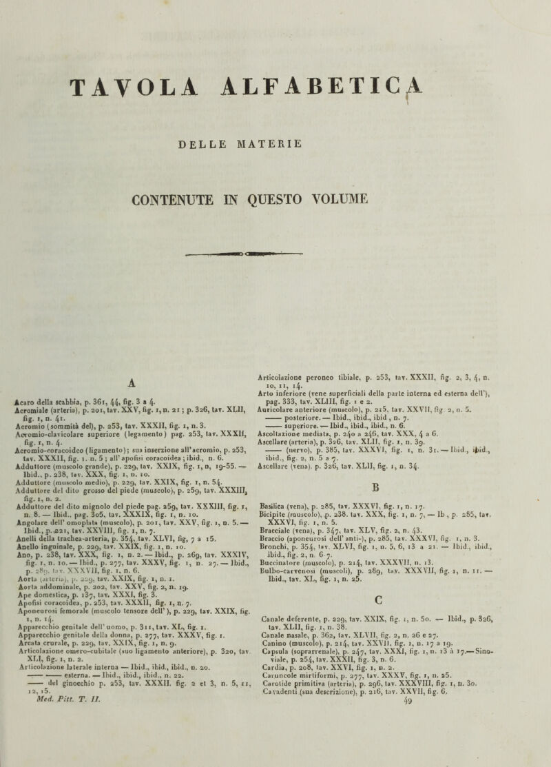 DELLE MATERIE CONTENUTE IN QUESTO VOLUME ^ —g>o—mmt ' A Acaro della scabbia, p. 36i, 44> fig- 3 a 4- Acromiale (arteria), p. 201, tav. XXV, fig. 1, n. 21 ; p. 326, tav. XL1I, fig. 1, n. 41. Acromio (sommità del), p. 253, tav. XXXII, fig. 1, n. 3. Acvomio-clavicolare superiore (legamento) pag. 253, tav. XXXII, fig. r, n. 4. Acromio-coracoidco ( ligamento) ; sua inserzione all’acromio, p. 253, tav. XXXII, fig. 1. n. 5 ; all’ apofisi coracoidea ; ibid., n. 6. Adduttore (muscolo grande), p. 229, tav. XXIX, fig. 1, n, 19-55. — Ibid., p. 238, tav. XXX, fig. 1, d. io. Adduttore (muscolo medio), p. 229, tav. XXIX, fig. 1, n. 54- Adduttore del dito grosso del piede (muscolo), p. 25g, tav. XXXIII, fig. 1, n. 2. Adduttore del dito mignolo del piede pag. a5g, tav. XXXIII, fig. 1, n. 8. — Ibid.. pag. 3o5, tav. XXXIX, fig. 1, n. io. Angolare dell’ omoplata (muscolo), p. 201, tav. XXV, fig. 1, o. 5.— Ibid., p.-£2i, tav. XXV111, fig. 1, n. 7. Anelli della trachea-arteria, p. 354, tav. XLVI, fig, 7 a i5. Anello inguinale, p. 229, tav. XXIX, fig. i, n, io. Ano, p. 238, tav. XXX, fig. 1, n. 2. — Ibid., p. 269, tav. XXXIV, fig. j, n. io. — Ibid., p. 277, tav. XXXV, fig. 1, n. 27. — Ibid., p. 289. tav. XXXVII, fig. 1. n. 6. Aorta (arteria), p. 229, tav. XXIX, fig. 1, n. 1. Aorta addominale, p. 202, tav. XXV, fig. 2, n. 19. Ape domestica, p. 137, tav. XXXI, fig. 3. Apofisi coracoidea, p. 253, tav. XXXII, fig. 1, n. 7. Aponeurosi lemorale (muscolo tensore dell1 ), p. 229, tav. XXIX, fig. 1, n. 14. Apparecchio genitale dell’ uomo, p. 3n, tav. XL, fig. 1. Apparecchio genitale della donna, p. 277, tav. XXXV, fig. 1. Arcata crurale, p. 229, tav. XXIX, fig. 1, n. 9. Articolazione omero-cubitale (suo ligamento anteriore), p. 320, tav. XL1, fig. 1, n. 2. Articolazione laterale interna —Ibid., ibid., ibid., n. 20. -—— esterna. — Ibid., ibid., ibid., n. 22. - del ginocchio p. 253, tav. XXXII. fig. 2 et 3, n. 5, 11, 12, i5. Med. Piti. T. II. Articolazione peroneo tibiale, p. 203, tav. XXXII, fig. 2, 3, 4, n. io, 11, 14, Arto inferiore (vene superficiali della parte iuterna ed esterna dell’), pag. 333, tav. XL1II, fig. 1 e 2. Auricolare anteriore (muscolo), p. 2t5, tav. XXVII, fig 2, n. 5. -posteriore.— Ibid., ibid., ibid , n. 7. -superiore.-'—Ibid., ibid., ibid., n. 6. Ascoltazione mediata, p. 240 a 246, tav. XXX, 4 a 6. Ascellare (arteria), p. 326, tav. XL1I, fig. 1, n. 39. - (nervo), p. 385, tav. XXXVI, fig. 1, n. 3i. — Ibid., ibid., ibid., fig. 2, n. 5 a 7. Ascellare (vena), p. 326, tav. XL1I, fig. 1, n. 34- B Basilica (vena), p. 285, tav. XXXVI, fig. 1, n. 17. Bicipite (muscolo), p. 238. tav. XXX, fig. 1, n. 7, — lb , p. 285, taf. XXXVI, fig. 1, n. 5. Bracciale (vena), p. 347, tav. XLV, fig. 2, n. 43. Braccio (aponeurosi dell’ anti-), p. 285, tav. XXXVI, fig. 1, n. 3. Bronchi, p. 354, ,av- XLVI, fig. 1, u. 5, 6, i3 a 21. — Ibid., ibid., ibid., fig. 2, n, 6 7. Buccinatore (muscolo), p. 214, tav. XXXVII, n. i3. Bulbo-carvenosi (muscoli), p. 289, tav. XXXVII, fig. j, n. 11.— Ibid., tav. XL, fig. 1, n. a5. c Canale deferente, p. 229, tav. XXIX, fig. 1, n. 5o. — Ibid., p. 32G, tav. XL1I, fig. 1, n. 38. Canale nasale, p. 362, tav. XLVII, fig. 2, n. 26 e 27. Canino (muscolo), p. 214, tav. XXVU, fig. 1, n. 17 a 19. Capsula (soprarrenale), p. 247, tav. XXXJ, fig. 1, n. i3 à 17.— Sino- viale, p. 254, tav. XXXII, fig. 3, n. 6. Cardia, p. 208, tav. XXVI, fig. 1, n. 2. Caruncole mirtiformi, p. 277, tav. XXXV, fig. 1, n. 25. Carotide primitiva (arteria), p. 296, tav. XXXVIII, fig. 1, il. 3o. Cavadenti (sua descrizione), p. 216, tav. XXVII, fig. 6. 49