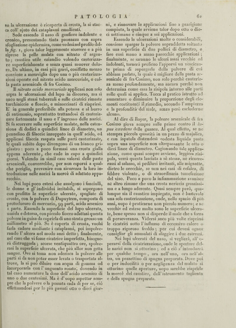 se la ulcerazione è ricoperta di crosta, la si stac¬ ca coll’ ajuto dei cataplasmi emollienti. Sede esseudo il naso di gonfiore indolente e cronico, presentando tinta paonazza con sopra sfogliazione epidermica, come vedesinel profilo del¬ la fig. i, giova talor leggermente scorrere e a più riprese la pelle malata con nitrato d’ argen¬ to ; caustico utile eziandio volendo cauterizza¬ re superficialmente e senza quasi muover dolo¬ re.. Da ultimo, in casi più gravi, cosiffatto mezzo conviene a meraviglia dopo una o più cauterizza¬ zioni operate col nitrato acido mercuriale, o col¬ la pasta arsenicale di fra Cosimo. Il nitrato acido mercuriale applicasi non solo sopra le ulcerazioni del lupo in discorso, ma sì anco negli stessi tubercoli e sulle cicatrici rimaste turchiniccie e floscie, e minaccianli di riaprirsi. E' in generale preferibile alla potassa e al burro di antimonio, soprattutto trattandosi di cauteriz¬ zare fortemente il naso e l1 ingresso delle narici. Si fa scorrere sulle superficie malate, nella esten¬ sione di dodici a quindici linee di diametro, un pennelino di filaccie inzuppato in quell’ acido, ed applicasi filaccia raspata sulle parti cauterizzate, le quali subito dopo divengono di un bianco gri¬ giastro : poco a poco formasi una crosta gialla appena aderente, che cade in capo a quindici giorni. Volendo in simil caso valersi delle paste arsenicali, converrebbe, per non esporsi a qual¬ che periglio, prevenire con sicurezza la loro in¬ troduzione nelle narici la mercè di adattato appa¬ recchio. Nei lupi poco estesi che assalgono i fanciulli, le donne e gl’individui irritabili, si aspergono con profitto le superficie ulcerate, spogliate di croste, con la polvere di Dupuytren, composta di protocloruro di mercurio, 99 parti, acido arsenico 1 parte. Essendo la superficie del lupo ulcerata, umida e detersa, con piccolo fiocco adattasi questa polvere in guisa da coprirla di uno strato grosso un millimetro al più. Se è coperta di crosta, vuoisi farla cadere mediante i cataplasmi, poi impolve¬ rando 1’ ulcera nel modo anzi detto ; finalmente, nel caso che vi fosse cicatrice imperfetta, bisogne¬ rà distruggerla ; scorse ventiquattro ore, spolve¬ rasi la superficie ulcerata, che più allor non getta sangue. Ove si tema non aderisca la polvere alle parti sì da non poter esser levata o trasportata al¬ trove, la si può diluire con acqua di gomma od incorporarla con 1’ unguento rosato, dovendo in tal caso aumentare la dose dell’acido arsenico di uno o due centesimi. Ma è d’uopo aspettar sem¬ pre che la polvere o la pomata cada di per se, ciò effettuandosi per Io più passati otto o dieci gior¬ ni, e rinnovare le applicazioni fino a guarigione compiuta, la quale avviene talor dopo otto o die¬ ci settimane e cinque a sei applicazioni. Essendo le ulcerazioni molte o considerabili,, conviene sparger la polvere sopraddetta soltanto in una superficie di due pollici di diametro, e fare così mano a mano parecchie applicazioni ; finalménte, se saranno le ulceri assai vecchie ed indolenti, tornerà proficuo l’apporvi un vescican¬ te prima di aspergerle della polvere di cui abbiam parlato, la quale è migliore della pasta ar¬ senicale di fra Cosimo, non solo perchè cauteriz¬ za meno profondamente, ma ancora perchè non determina come essa la risipola intorno alle parti sulle quali si applica. Tocca al pratico istrutto ad aumentare o diminuire la proporzione degli ele¬ menti costituendi il rimedio, secondo l’ampiezza e la profondità del male, senza però escluderne alcuno. Al dire di Rayer, la polvere arsenicale di ira Cosimo giova sempre sulle prime contro il lu¬ pus exedens delle guance. Al qual effetto, se ne stempra piccola quantità in un pezzo di majolica, e con ispatola distendesi codesta liquida pasta sopra una superficie non oltrepassante le otto o dieci linee di diametro. Cagionando tale applica¬ zione, come quasi sempre avviene, leggiera risi¬ pola, verrà questa lasciata a sè stessa, nè ricorre- rassi al salasso, ai pediluvi irritanti, alle mignatte, dietro le orecchie, se non nei casi di cefalea, di febbre violente, o di straordinaria tumefazione del viso. Poco a poco la infiammazione svanisce nè altro rimane che una crosta nericcia grossissi¬ ma e a lungo aderente. Quasi sempre però, qua¬ lunque sia il caustico impiegato, non è bastevole una sola cauterizzazione, onde, nello spazio di più anni, uopo è praticarne non piccolo numero ; e se vecchie ed estese molto sono le superficie ulcera¬ te, bene spesso non si disperde il male che a forza di perseveranza. Vidersi anco più volte riaprirsi le cicatrici sotto l’influsso di eccessivo calore o troppo rigoroso freddo ; per cui devesi ognor consigliar gli ammalati di sfuggire i due estremi. Nei lupi ulcerati del naso, si veglierà, ali’ o- perarsi della cicatrizzazione, onde le aperture del¬ le narici non si otturino 5 ed a ciò s’introdurrà per qualche tempo, ora nell’una, ora nell’al¬ tra, un pezzettino di spugna preparata. Dove poi o per indocilità o per negligenza del malato si otturino quelle aperture, uopo sarebbe riaprirle la mercè del caustico, dell’istrnmento tagliente e della spugna preparata.