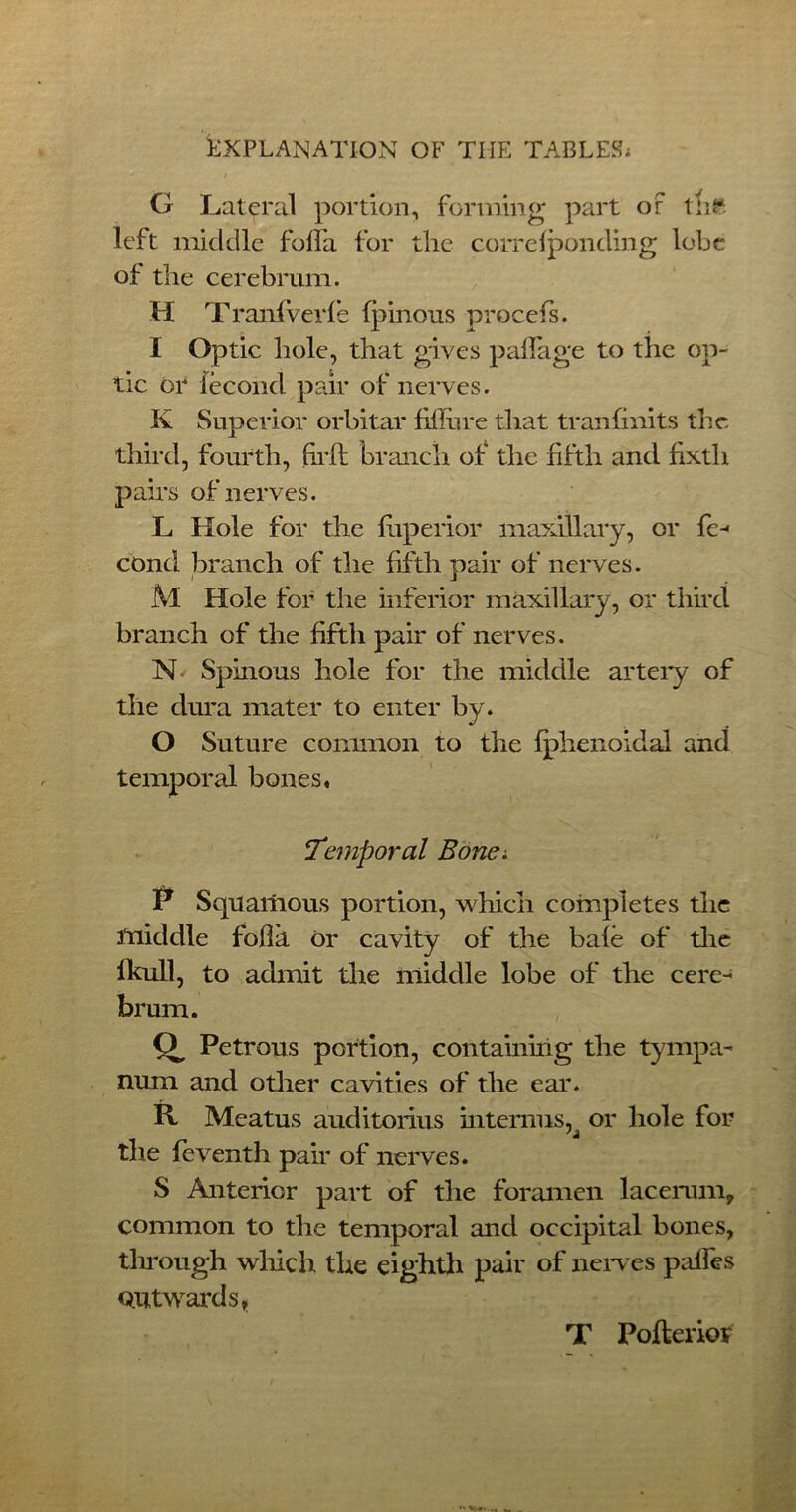 G Lateral portion, forming part or tlift left middle foffa for the correfponding lobe of the cerebrum. H Tranfverfe fpinous procefs. I Optic hole, that gives palfage to the op- tic or fecond pair of nerves. K Superior orbitar fiflure that tranfinits the third, fourth, hrft branch of the fifth and fixth pairs of nerves. L Hole for the fuperior maxillary, or fe- cund branch of the fifth pair of nerves. M Hole for the inferior maxillary, or third branch of the fifth pair of nerves. N Spinous bole for the middle artery of the dura mater to enter by. O Suture common to the fphenoidal and temporal bones, Temporal Bone-. P Squaiiious portion, which completes the middle folia Or cavity of the bale of the fkull, to admit the middle lobe of the cere- brum. o Petrous portion, containing the tympa- num and other cavities of the ear. R Meatus auditorius interims, or hole for the feventh pair of nerves. S Anterior part of the foramen lace ram, common to the temporal and occipital bones, through which the eighth pair of nerves paffes outwards. T Pofteriov