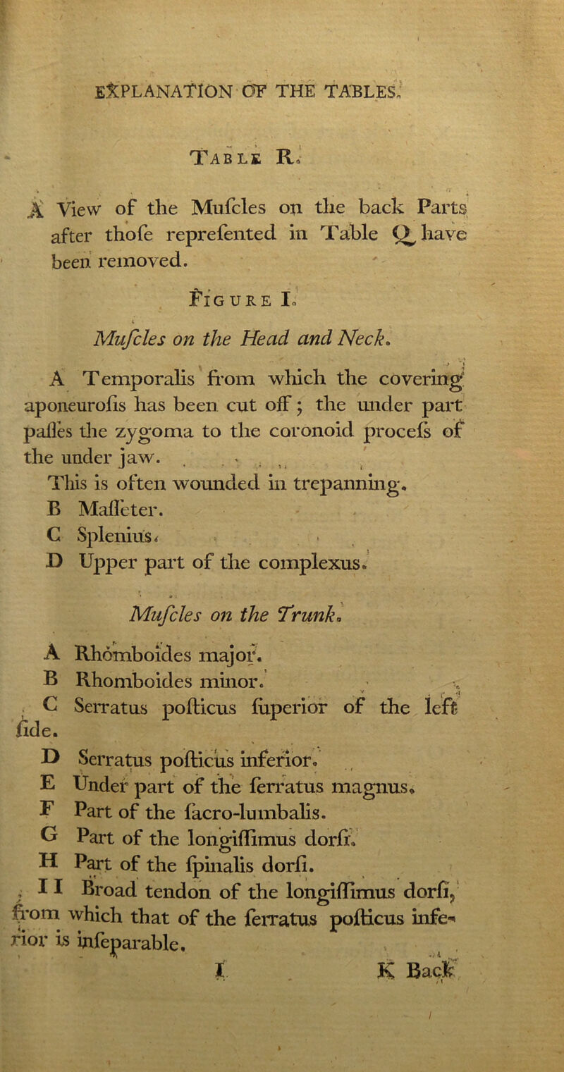 Table R* A View of the Mufcles on the back Parts after thofe reprefented in Table O, have been removed. Figure I. l Mufcles on the Head and Neck. . > ' * A Temporalis from which the covering aponeurofis has been cut off; the under part palfes the zygoma to the coronoid procefs of the under jaw. This is often wounded in trepanning. B Made ter. C Splenius < D Upper part of the complexus. Mufcles on the Trunk* A Rhomboides major. B Rhomboides minor. . v . f C Serratus pofticus fuperior of the left fide. D Serratus pofticus inferior. E Under part of the ferratus magnus. F Part of the facro-lumbalis. G Part of the longiftimus dorfh B Part of the (pinalis dorfi. ; 11 Broad tendon of the longiftimus dorfi. from which that of the ferratus pofticus infe** fior is infeparable. , 4 . t . K Back
