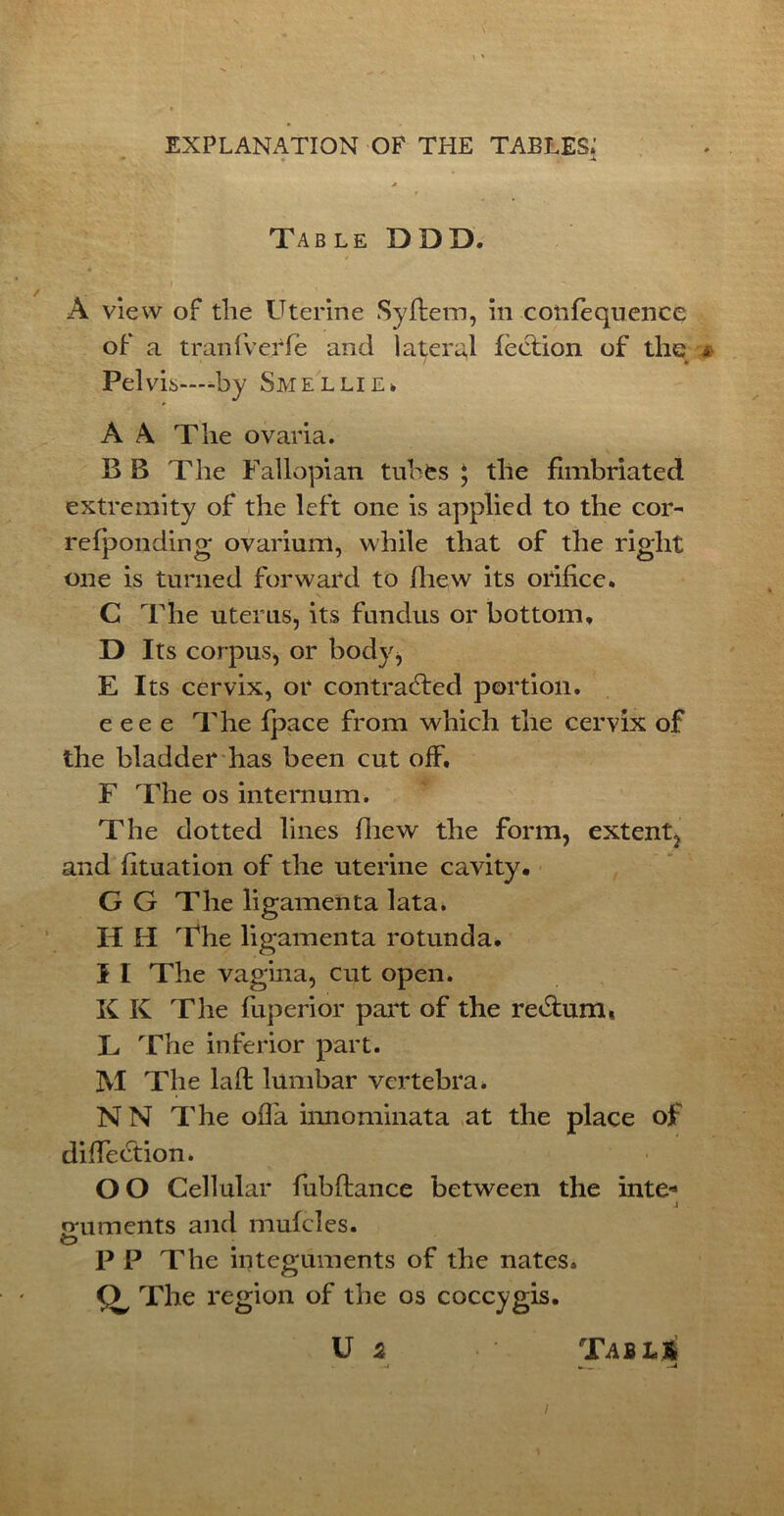 * Table DDD. A view of tlie Uterine Syftem, in cotifequence of a tranfverfe and lateral lection of the * Pelvis—d>y Smellie, A A The ovaria. B B The Fallopian tubfes ; the fimbriated extremity of the left one is applied to the cor- relponding ovarium, while that of the right one is turned forward to fiiew its orifice. C The uterus, its fundus or bottom, D Its corpus, or body, E Its cervix, or contracted portion, e ee e The (pace from which the cervix of the bladder has been cut off. F The os internum. The dotted lines fiiew the form, extent, and fituation of the uterine cavity, G G The ligamenta lata. H H The ligamenta rotunda. I I The vagina, cut open. K K The fuperior part of the reCtum, L The inferior part. 3VI The laid lumbar vertebra, N N The ofia innominata at the place of difiection. OO Cellular fubftance between the inte* J oniments and mufcles. O'* P P The integuments of the nates. The region of the os coccygis. U 5 TaBL* - —J .-4 I