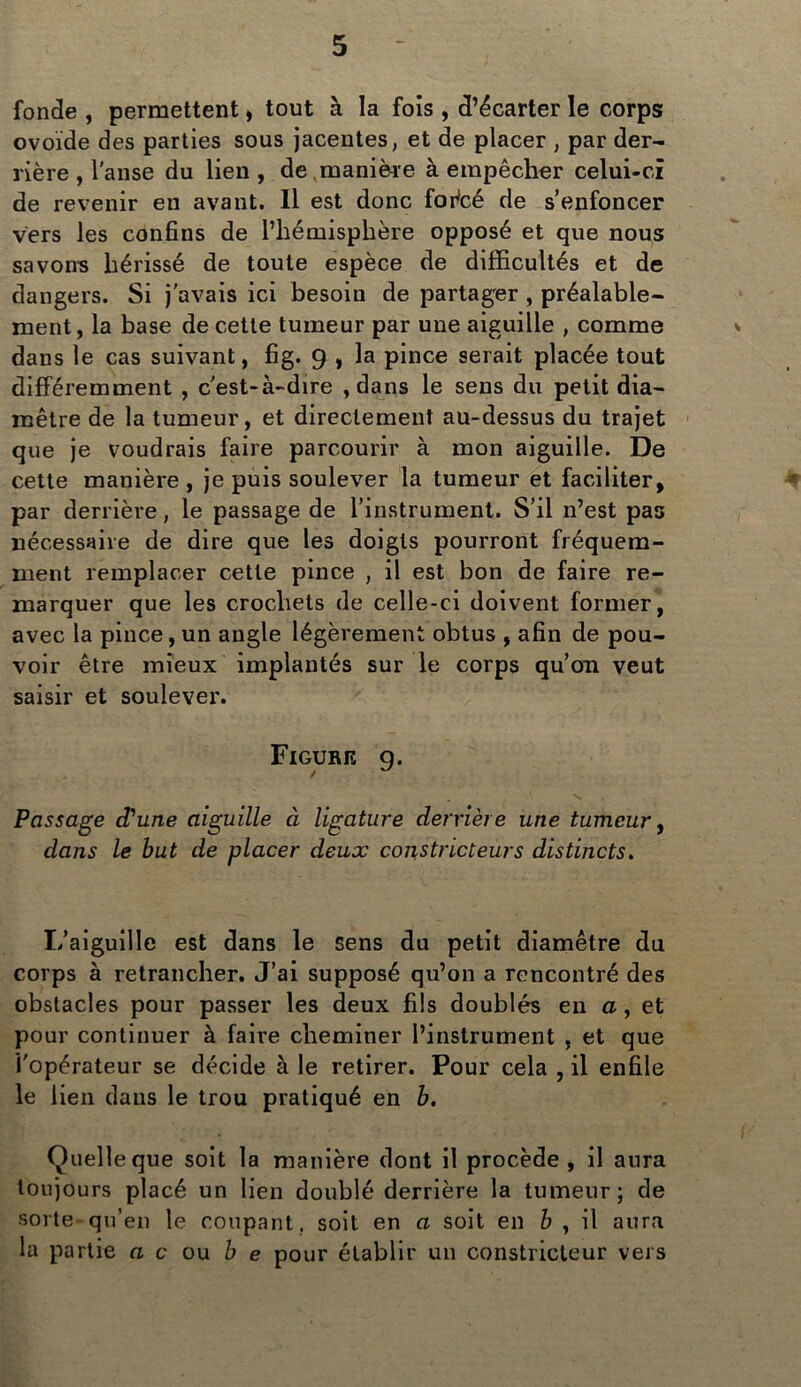 fonde , permettent, tout à la fois , d’écarter le corps ovoïde des parties sous jacentes, et de placer , par der- rière , l'anse du lien , de manière à empêcher celui-ci de revenir en avant. Il est donc forfcé de s’enfoncer vers les confins de l’hémisphère opposé et que nous savons hérissé de toute espèce de difficultés et de dangers. Si j'avais ici besoin de partager , préalable- ment, la base de cette tumeur par une aiguille , comme * dans le cas suivant, fig. 9 , la pince serait placée tout différemment , c'est-à-dire , dans le sens du petit dia- mètre de la tumeur, et directement au-dessus du trajet que je voudrais faire parcourir à mon aiguille. De cette manière , je puis soulever la tumeur et faciliter, par derrière, le passage de l’instrument. S’il n’est pas nécessaire de dire que les doigts pourront fréquem- ment remplacer cette pince , il est bon de faire re- marquer que les crochets de celle-ci doivent former, avec la pince, un angle légèrement obtus , afin de pou- voir être mieux implantés sur le corps qu’on veut saisir et soulever. Figure 9. Passage d’une aiguille à ligature derrière une tumeur, dans le but de placer deux constricteurs distincts. I/aiguille est dans le sens du petit diamètre du corps à retrancher. J’ai supposé qu’on a rencontré des obstacles pour passer les deux fils doublés en a, et pour continuer à faire cheminer l’instrument , et que l'opérateur se décide à le retirer. Pour cela , il enfile le lien dans le trou pratiqué en b. Quelle que soit la manière dont il procède, il aura toujours placé un lien doublé derrière la tumeur; de sorte-qu’en le coupant , soit en a soit en b , il aura la partie a c ou b e pour établir un constricteur vers