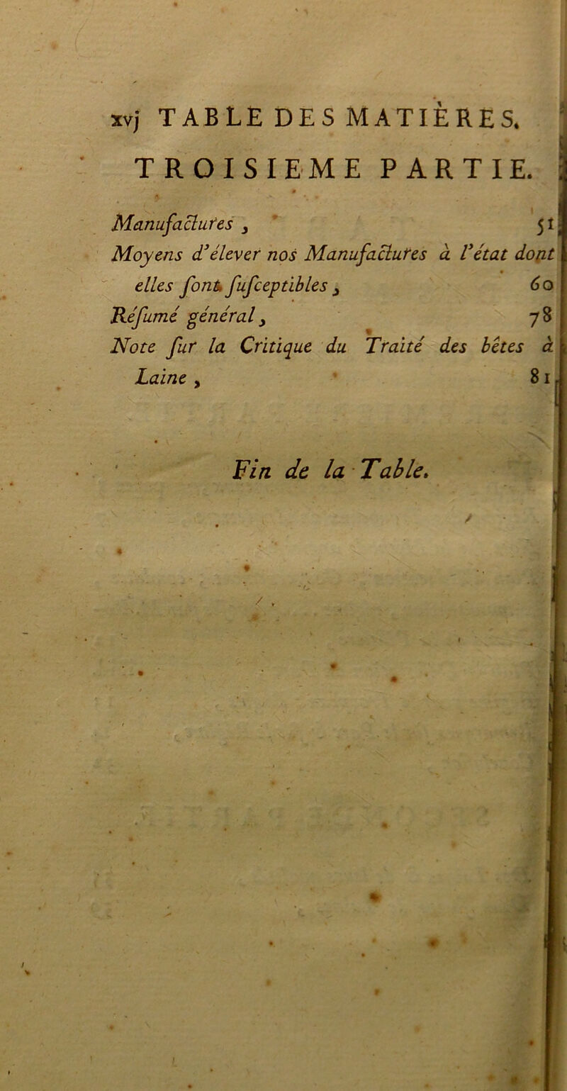 xvj TABLE DES MATIÈRES. TROISIEME PARTIE. 0 Manufactures 51 Moyens d’élever nos Manufactures à l’état dont elles font, fufceptibles 3 60 Réfumé général > 78 Note fur la Critique du Traité des bêtes à Laine , 81. Fin de la Table,