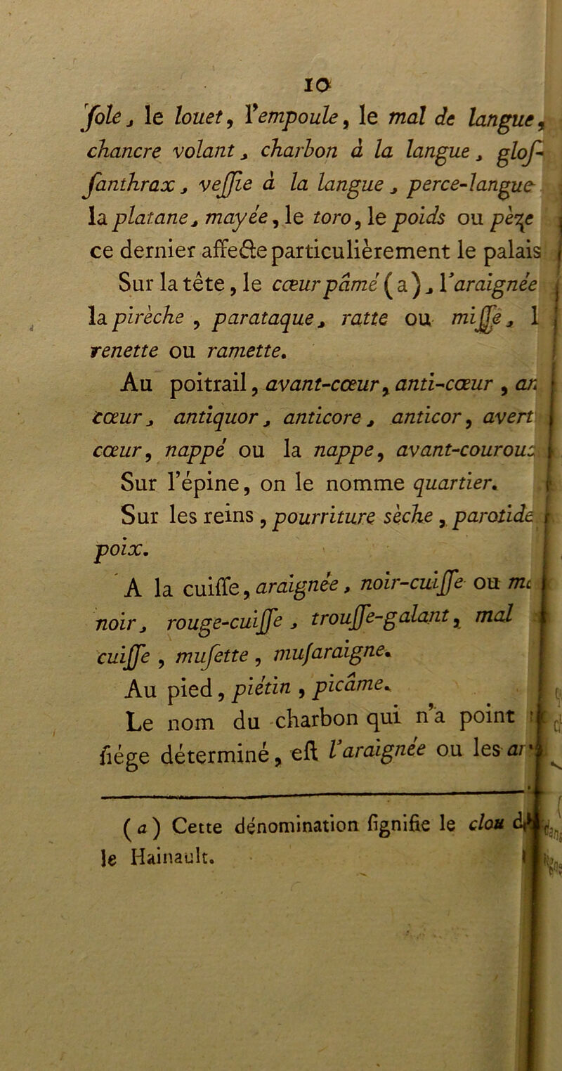 io foie j le louet, Ÿempoule, le mal de langue, chancre volant > charbon à la langue > glof- fanthrax j vejjie à la langue , perce-languo la platane j mayée,\e toro, le poids ou pè^e ce dernier afFede particulièrement le palais Sur la tête, le cœur pâmé ( a) ^ Y araignée làpirèche , parataque* ratte ou miJTè* 1 renette ou ramette. Au poitrail, avant-cœur y anti-cœur , an cœur j, antiquor , anticore , anticor, avert cœur, nappé ou la nappe, avant-cour ous Sur l’épine, on le nomme quartier. Sur les reins ? pourriture sèche , parotide f poix. A la cuiffe, araignée, noir-cuiffe ou nu noir j rouge-cuiffe > trouffe-galant r mal cuiffe , mufette , mufaraigne. Au pied, piétin , picame* Le nom du charbon qui n à point fiége déterminé, eft l’araignée ou les ar-j ( a ) Cette dénomination fignifie le c/o* le Hainault.