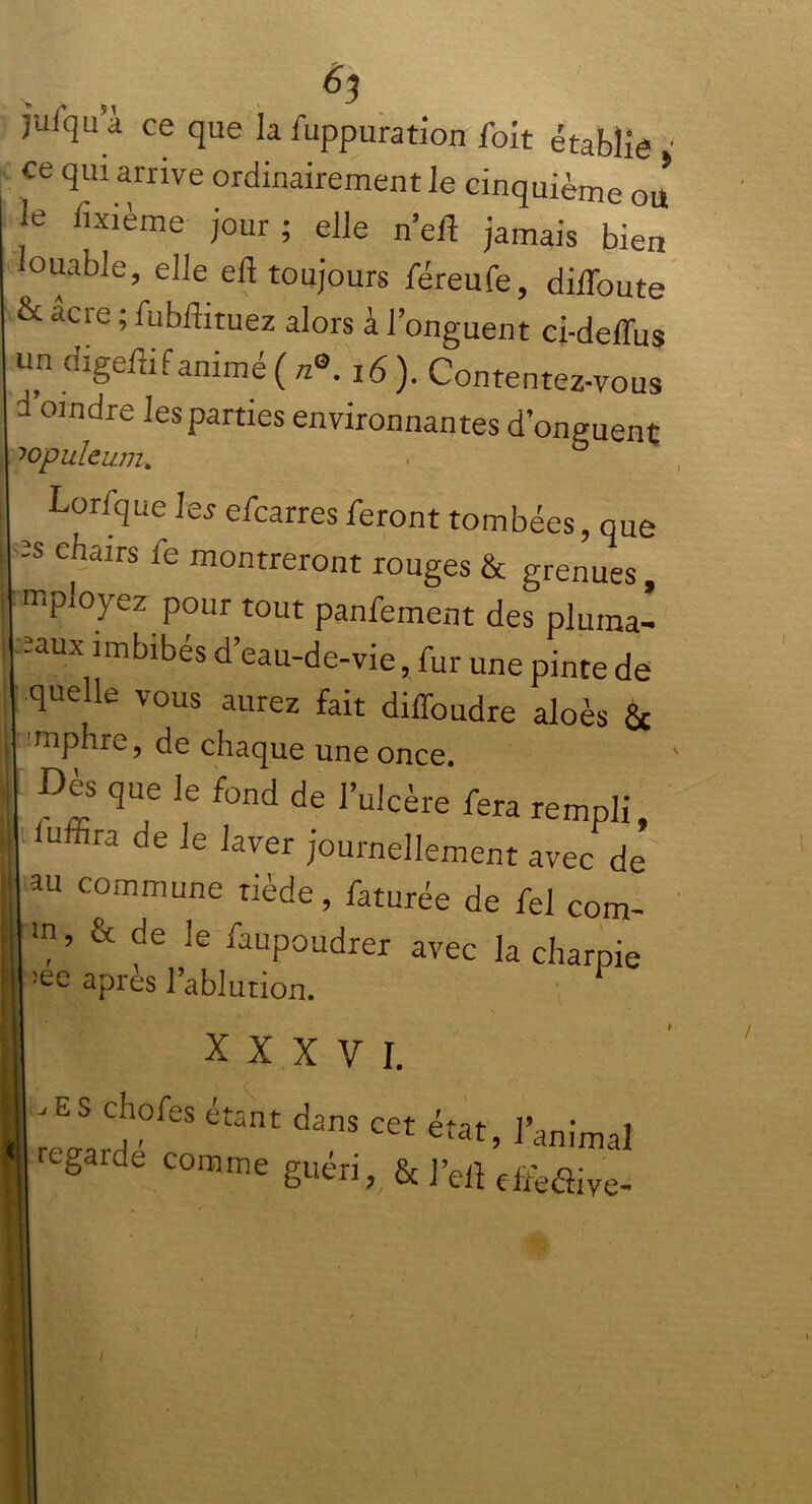 juiqu a ce que la fuppuration foit établie ' ce qui arrive ordinairement le cinquième ou le lixièlne j°ur; elle n’eft jamais bien louable, elle eft toujours féreufe, diffoute & acre ; fubfhtuez alors à l’onguent ci-deffus un digeflif anime ( n°. 16 ). Contentez-vous d oindre les parties environnantes d’onguent lopuleunu Lorfque les efcarres feront tombées, que s chairs fe montreront rouges & grenues, mployez pour tout panfement des pluma- :aux imbibés d’eau-de-vie, fur une pinte de quelle vous aurez fait diffoudre aloès Sc mphre, de chaque une once. Des que le fond de l’ulcère fera rempli, luftira de le laver journellement avec de au commune tiède, faturée de fel com- ’? ’ & de Ie ^poudrer avec la charpie >ee apres l’ablution. XXXVI. regard °fCS danS ^ ét3t’ ranima] gaide comme guéri, & J’eft efteflive- /