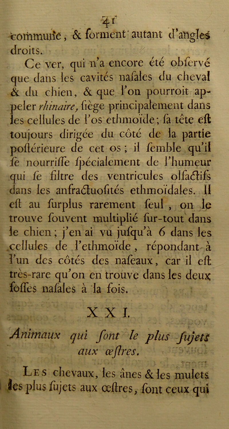 1 , commurfê, & forment 'autant d’angle^ droits. Ce ver, qui n’a encore été obiervé que dans les cavités naiales du cheva! & du chien, & que l’on pourrait ap- peler rhinaire, fiège principalement dans les cellules de l’os ethmoïde; (à tête eft toujours dirigée du côté de la partie poftérieure de cet os ; il fèmble qu’il fe nourri (Te fpécialement de l’humeur qui fe filtre des ventricules olfaéîifs dans les anfraéluofités ethmoïdales. Il eft au furplus rarement feul , on le trouve fouvent multiplié fur-tout dans le chien ; j’en ai vu jufqu’à 6 dans les .cellules de J’ethmoïde , répondant à l’un des côtés des nafeaux, car il eft très-rare qu’on en trouve dans les deux; fortes nafales à la fois. XXI. Animaux qui font le plus fujets aux œflres. Les chevaux, les ânes &.les mulets îes plus fujets aux œftres, font ceux qui
