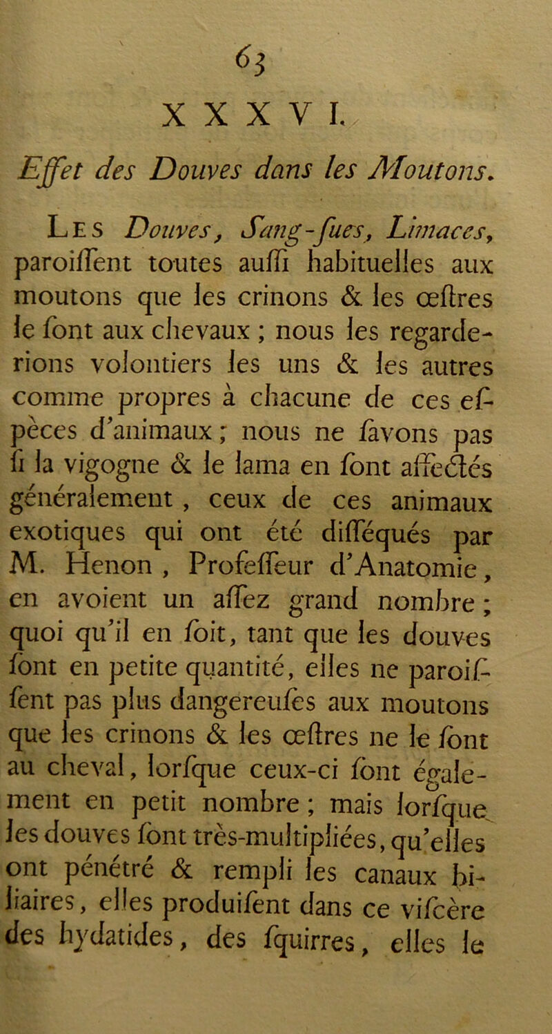 XXXVI. Effet des Douves dans les Moutons. Les Douves, Sang-fues, Limaces, paroiftent toutes aufti habituelles aux moutons que les crinons & les œftres le font aux chevaux ; nous les regarde- rions volontiers les uns & les autres comme propres à chacune de ces ef- pèces d’animaux ; nous ne lavons pas fi la vigogne & le lama en font alfedés généralement , ceux de ces animaux exotiques qui ont été diflequés par M. Henon , Profefteur d’Anatomie, en avoient un aifez grand nombre ; quoi qu’il en foit, tant que les douves font en petite quantité, elles ne paroift- fent pas plus dangereufos aux moutons que les crinons & les œftres ne le font au cheval, lorfque ceux-ci font égale- ment en petit nombre ; mais lorfque. les douves font très-multipliées, qu’elles ont pénétré & rempli les canaux bi- liaires, elles produifent dans ce vifcère des hydatides, des fquirres, elles le