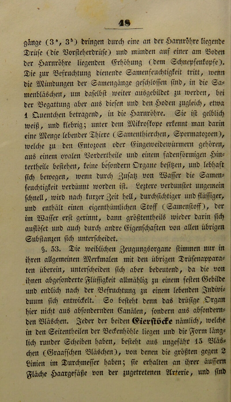 49 gange (3“, 3b) bringen burcf) eine an ber Harnröhre fiegenbe S)rü(e Cbte «Borfteherbrüfe) imb münben auf einer am 23oben ber Harnröhre Itegenben (Srhöhung (bent @d)nepfenfopfe), 3)ic ;ttr «Befruchtung bienenbe 8amenfeud)tigfeit tritt, wenn bie «Dlünbungett ber (Samengänge gefdjloffen frnb, in bie 8a? menblä6d)eit, um bafelbft weiter auägebifbet $u Werben, bei ber «Begattung aber ait$ btefen unb beit £>obeit ;ugleid), etwa 1 Otuentdjen betragcnb, in bie Harnröhre, (Sie ift getbticf) m\%, unb fiebrig; unter bcm SDZifroffope erfettnt man barin eine «ÖZenge lebenber XI)l’ere (@amcntbierd)en, <Spermato;oen), meld)e $u beit ®nto;oen ober (Sütgewetbewürmem gehören, auö einem ooaleit «Borbertbeile unb einem fabenförmigeit tertl)etle beftehcn, feine bcfottbent Organe beff^en, unb lebhaft ftd) bewegen, »cmt burch Sufafc bon SSaffer bie (Samen* feuchtigfeit berbünnt worben ift* Se;tere berbunftet ungemein fd)ttett, wirb nach fur^erSeit hell, burchfühttger unb flüffiger, ttnb enthält einen eigentümlichen (Stoff (<Samenftoff), ber im «Baffer erft gerinnt, bann größtentbeitö wieber barin ftcf> auflöfet unb aud) bitrd) anbre (5tgenfd)aften bou allen übrigen @ubftan$en ftch unterfchetbet §* 53* 2>te weiblichen SeugungSorgane ftimineit nur in ihren allgemeinen ÜÖZerfmalen mit beit übrigen Swüfettappara* ten übereilt, unterfcheiben ftd) aber bebeutenb, ba bie bon ihnen abgefonberte gfüjfigfett aütnähltg $u einem fejten ©ebtlbe unb enblid) nach ber «Befruchtung $u einem lebenben gnbtbt* buunt ftcf) entnn'rfelt* (So befteht beim ba$ brüfige Organ hier ntd)t attö abfonbernben Kanälen, fonbent auö abfonbem* ben 53Iäöd)en* Sieber ber betbett (^tctftöcfe nämlich’, welche in ben 0eitentheiIeit ber 53ecfetthbhle liegen unb bie ^ornt läng* lid) ruttber (Sd)etbett haben, befteht aitö ungefähr 15 £3läö* d)en (©raaffchen «SIä$d)ett), bott benen bie größten gegen 2 Cinten im $>urd)meffer haben; ffe erhalten an ihrer äußern fläche Haargefäße bon ber jugetretenen Arterie, unb frnb