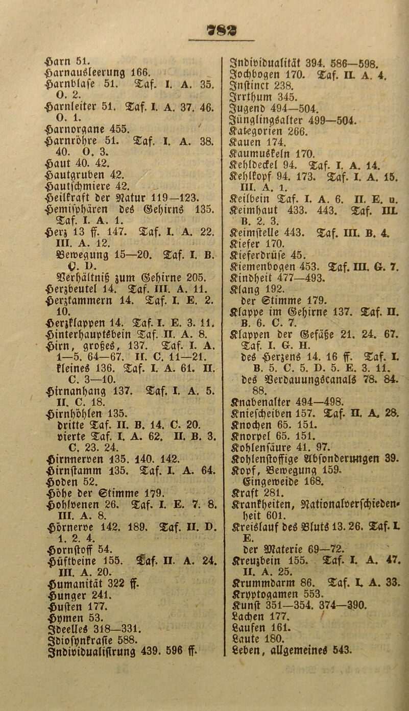 9§3 Harn 51. HarnauSleerung 166. Harnblafe 51. Saf. I. A. 35. O. 2. Harnleiter 51. Saf. I. A. 37. 46. 0. 1. Harnorgane 455. Harnröhre 51. Saf. I. A. 38. 40. O. 3. Haut 40. 42. Hautgruben 42. Hautfcbmiere 42. Heilfraft ber 97atur 119—123. Hemifpbären beS ®ef)irnS 135. Saf. I. A. 1. Her* 13 ff. 147. Saf. I. A. 22. III. A. 12. Bewegung 15—20. Saf. I. B. C. l>. sGerbältnifi jum (Sebirne 205. Herjbeutel 14. Saf. iii. A. 11. Herjfammern 14. Saf. I. E. 2. 10. Herjflappen 14. Saf. I. E. 3. 11. Hinterhauptsbein Saf. n. a. 8. Hirn, großes, 137. Saf. I. A. 1—5. 64—67. II. C. 11—21. Keines 136. Saf. I. A. 61. II. C. 3—10. Hirnanbang 137. Saf. I. A. 5. II. c. 18. Hirnfyöfyten 135. britte Saf. II. B. 14. C. 20. »ierte Saf. I. A. 62. n. B. 3. C. 23. 24. Hirnneroen 435. 140. 142. Hirnftamm 135. Saf. I. A. 64. Hoben 52. Höbe ber ©timme 179. Hobloenen 26. Saf. I. E. 7. 8. III. A. 8. Hörneroe 142. 189. Saf. II. D. 1. 2. 4. Hornftoff 54. Hüftbeine 155. £5af. II. A. 24. III. A. 20. Humanität 322 ff. Hunger 241. Hullen 177. Hpmen 53. SbeelteS 318—331. Sbiofpnfraile 588. SnbiPibualtflrung 439. 596 ff. Snbipibuatität 394. 586—598. 3od)bogen 170. Saf. IL A. 4. Snftinct 238. Srrtbum 345. Sugenb 494—504. SünglingSalter 499—504. Kategorien 266. Kauen 174. KaumuSfeln 170. Kebtbecfel 94. Saf. I. A. 14. Ke()lfopf 94. 173. Saf. I. A. 15. III. A. 1. Keilbein Saf. I. A. 6. II. E. u. Keimbaut 433. 443. Saf. nL B 2 3 Keimjlelle 443. Saf. in. B. 4. Kiefer 170. Kieferbrüfe 45. Kiemenbogen 453. Saf. in. Gr. 7. Kinbbeit 477—493. Klang 192. ber ©timme 179. Klappe im ©ebirne 137. Saf. n. B. 6. C. 7. Klappen ber ®efüße 21. 24. 67. Saf. I. Gr. H. beS H^rjenS 14. 16 ff. Saf. I. B. 5. C. 5. D. 5. E. 3. 11. beS SSerbauungScanalS 78. 84. 88. Knabenalter 494—498. Kniefcbeiben 157. Saf. n. A, 28. Knochen 65. 151. Knorpel 65. 151. Koblenfäure 41. 97. Koblenjtoffige Etbfonberwtgen 39. Kopf, SSeroegung 159. (iingeroeibe 168. Kraft 281. Kranfbriten, SlationalPerfcbieben» beit 601. Kreislauf beS 93lutS 13.26. Saf. I E. ber StWaterte 69—72. Kreujbein 155. Saf. I. A. 47. II. A. 25. Krummbarm 86. Saf. I. A. 33. Krpptogamen 553. Kunfl 351—354. 374—390. Sachen 177. Saufen 161. Saute 180. Seben, allgemeines 543.