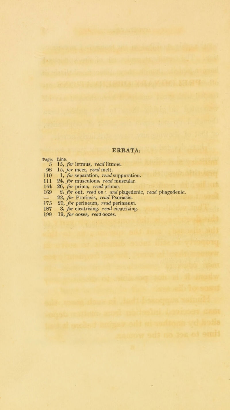 ERRATA; » Page. Line. 5 15, for letmus, read litmus. 98 \5, for meet, renrf melt. 110 1, separation, reac? suppuration. 111 24>, for miisculous, read muscular. 164* 26, for piima, read primae. 169 2, for out, read on ; and plagedenic, read phagedenic. — 22, for Proriasis, read Psoriasis. 175 20, for perineum, read perinseurr.. 187 3, for cicatrising, read cicatrizing. 199 19, jtbr ooses, read oozes.