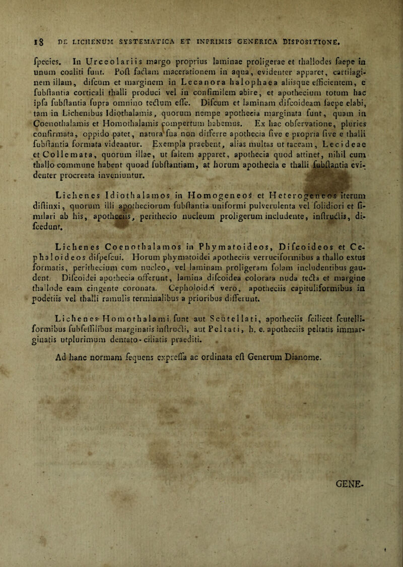 fpecies. In Urceolariis margo proprius laminae proligerae et thallodes faepe in unum coaliti funt. Poft fadaai macerationem in aqua, evidenter apparet, cartilagi- nem illam, difcum et marginem in Lecanora halophaea aliisque efficientem, e fubflantia corticali thalli produci vel in confimilem abire, et apothecium totum hac ipfa fubflantia fupra omnino tecT:um effie. Difcum et laminam difcoideam faepe elabi, tam in Lichenibus Idiorbalamis, quorum nempe apotheeia marginata funt, quam in Coenothalamis et Homothalamis compertusn habemus. Ex hac obfervatione, pluries confirmata, oppido patet, natura'fua non dirferre apotheeia five e propria five e thalli fubfiantia formata videantur. Exempla praebent, alias multas ut taceam, Lecideae etColiemata, quorum illae, ut faltem apparet, apotheeia quod attinet, nihil cum thallo commune habent quoad fubftantiam, at horum apotheeia e thalli fubflantia evi- denter procreata inveniuntur. ' ' Lichenes Id io thalamos in HomogeneoS et Hetero^eneos iterum diflinxi, quorum illi apptheciorum fubflantia uniformi pulverulenta vel folidiori et fi- milari ab his, apotheciis, perithecio nucleum proligerum includente, inflrudlis, di,- fcedunt. Lichenes Coenot hala mos in Phymatoideos, Difeoideos et Ce- phaloideos dilpefeui. Horum phymatoidei apotheciis verruciformibus a thallo extus formatis, perithecium cum nucleo, vel laminam proligerani folam includentibus gau- dent. Difeoidei aporliecia offerunt, lamina difeoidea colorata nuda teefla et margine thallode eam cingente coronata. Cepholoidt^’ vero, apotheciis capituliformibus ia podetiis vel thalli ramulis terminalibus a prioribus differunt. Lichene.-!- H omothalami funt aut Scutellati, apotheciis fcilicet fcutelH- formibus fubfeflllibus marginatis inflrucli, aut Peltati, h, e, apotheciis peltatis immar- ginatis utplurimum dentato-ciliatis praediti. Ad hanc normam fequens expreffa ac ordinata efl Generum Dianome. GENE-