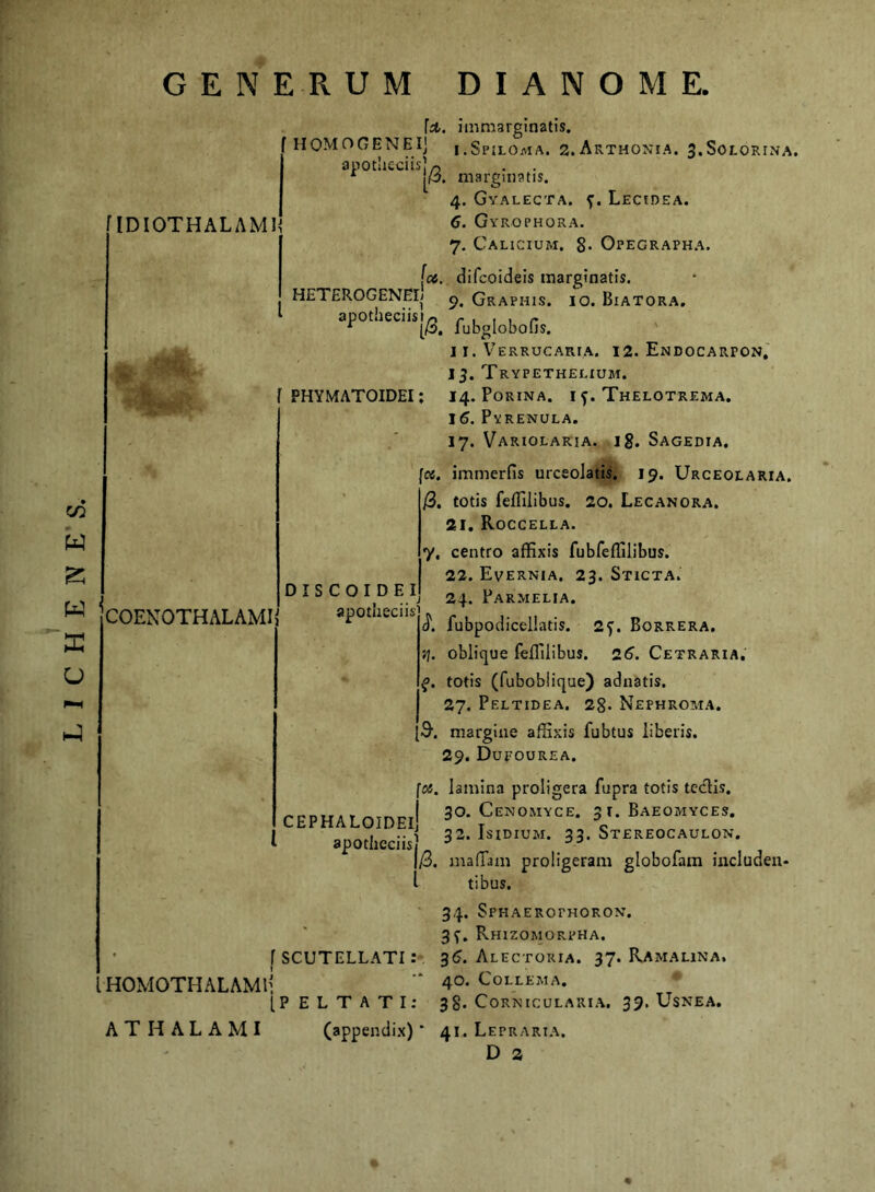 GENERUM DIANOME. riDIOTHALAMW W w X o COENOTHALAMIj apotheciis HOiVIOTHALAMli l A T H A L A M I \a. immarginatis. HOMOGENEIJ i.SpilOaia. 2.Arthonia. 3.Solorina. apothcciis)/5 * l^p. marginatis. 4. Gyalecta. Lecidea. 6. Gyrophora. 7, Calicium. 8- Opegrapha. [o«. difcoideis marginatis. HETEROGENEIi Graphis, io. Biatora. apotheciisi« r 1 i 1 r ^ [/s. lubglobolis, j I. Verrucaria. 12. Endocarpon,' 13. Trypethelium. PHYMATOIDEI: 14. Porina. i f. Thelotrema, 16, Pyrenula. 17. Variolaria. ig. Sagedia, 'cc. immerfis urceolatis. 19. Urceolaria. /3. totis feffiiibus. 20. Lecanora. 21, Roccella. y, centro affixis fubfeffilibus. 22. Evernia. 23. Sticta. 24. Parmelia. (?. fubpodicellatis. 2^. Borrera, jj. oblique feffilibus. 26. Cetraria. totis (fubobiique) adnatis. 27. P ELTIDEA. 28* NePHROMA, margine affixis fubtus liberis. 29. Dufourea. fot. lamina proligera fupra totis tcclis. CEPHALOIDEi! pNOMVc. Jt. Baeomvces. 1 32. IsiDIUM. 33. Stereocaulon. apotiiecnsj ^ 1/3. maffiim proligeram globofam iiicluden- t tibus. 34. Sphaerophorok. 35'. PvHIZOMORPHA. f SCUTELLATI: 3(j. Alectoria. 37. Ramalina. ■* 40. CoLLEXIA. p E L T A T I: 38. Cori^icularia, 39. Usnea. (appendix)' 41. Lepraria. D 2 D I S C O I D E I