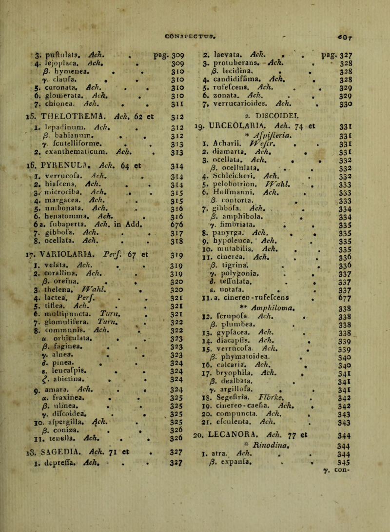 cONsrncTci?, «Ot 3. puftulafa, Ach. , pag' - 309 4. lejoplaca. Ach, • 309 yS. hynieiiea, • • 3«o y. clanfa. • • 310 5. coronata, Ach. , • 310 6. glomerata, Avh, • 310 7. chionea. Ach. , • 311 l5. THELOTKEMA. Ach, 62 et 312 l. lepadinum. Ach, • 312 /3, bahianum, , • 312 y. fcutelliforme. , • 313 2, exanlhemalicum. Ach. • 313 16. PYRENUL/^, Ach. 64 et 314 T. verrucofa. Ach. 314 2, hiafcens. Ach. , • 314 3.' microcilia. Ach, • 315 4. margacea. • 315 5. unibonata. • 3t6 6. henatomma, Ach, • 316 6 a. fiibaperta, /jcA, in Add, 676 7. gibbola. /icA. • 317 8. ocellata. Ach. , • 318 17. VARIOLARIA. Perf. 67 et 319 I. velata, Ach. , • 319 2. coraUina. /4c7i, • 319 /3. oreiua. , ♦ 320 3. thelena, ^'ahl. • 320 4. lactea. PerJ. • 321 5. titlea. Ach. • 321 6. nmltipniicta. Turn, • 321 7. glomulifera. Turn, ^ • 322 8. communis. Ach. 322 u. orbiculata, . % 323 /0. faginea, , • 323 y. alnea. . • 323 pinea. , • 324 g. leucafpis, , • 324 abietina. . • 324 g. amara. Ac7i. , • 324 u. fraxinea. • ♦ 325 /3. ulmea, • • 325 y. difcoidea. • 325 IO. afpergilla, /ick. • 325 coniza, , • 326 11, teuella, Ach, , • • 326 18. SAGEDIA. Ach. 71 et • 327 1. depreifa, Ach, • 327 2. laevata, Ach. , pag‘327 3, protuberans, Ach. • • 328 /3. lecidtna. • • 328 4, candidirrima, Ach, • 328 5. rufefcens. Ach. • 329 6. zonata. Ach. • 329 7, verrucarioides. Ach, • 330 2. DISCOIDET. j. URCEOLARIA. Ach. 74 et 331 * Affhjieria. 331 r. Acharii. JT''ejLr. , • 331 2. diamarta, Ach, , 331 3. ocellata, Ach. , • 332 ft. ocellnlata, ,. • 332 4. Schleicheri. Ach. • 332 5. pelobolrion. FP'ahl, • 333 6. Hoffmanni. Ach, , 333 B- contorta. , 333 7. gibbofa. Ach, . , 334 /3. amphibola, , 334 y. fimbriata. ; • 335 8. panyrga. Ach. , • 335 9, hypoleuca, Aeh. • 335 10. mutabilis. Ach. , • 335 11. cinerea. Ach. , • 336 /3. tigrina'. • 336 y. polygonia, , • 337 d. teflulata. 337 E. notata. . • 337 11.a. cinereo-rufefcens % 677 ** Amphiloma, 338 12. fcrnpofa Ach, , 338 plumbea. . 338 13. gypfacea. Ach. , 338 _ 14. diacapfis. Ach. • 339 15, verrucofa Ach, , 339 (3. phymatoidea. , 340 16. calcaria, Ach. , 340 17. bryophila. Ach. , 341 /3. dealbata. , 341 y. argilUifa. , • 341 18. Segcfiria. Florke, • 342 19. cinereo-caefia. Ach, • 342 20, compnncla. Ach. • 343 21. efcnletjta. Ac?i, . 343 ). LECANORA, Ach. 77 et 344 ~ Rinodina, 344 I. atra. Ach. • 344 /3. expanfa. • 345 y. con-
