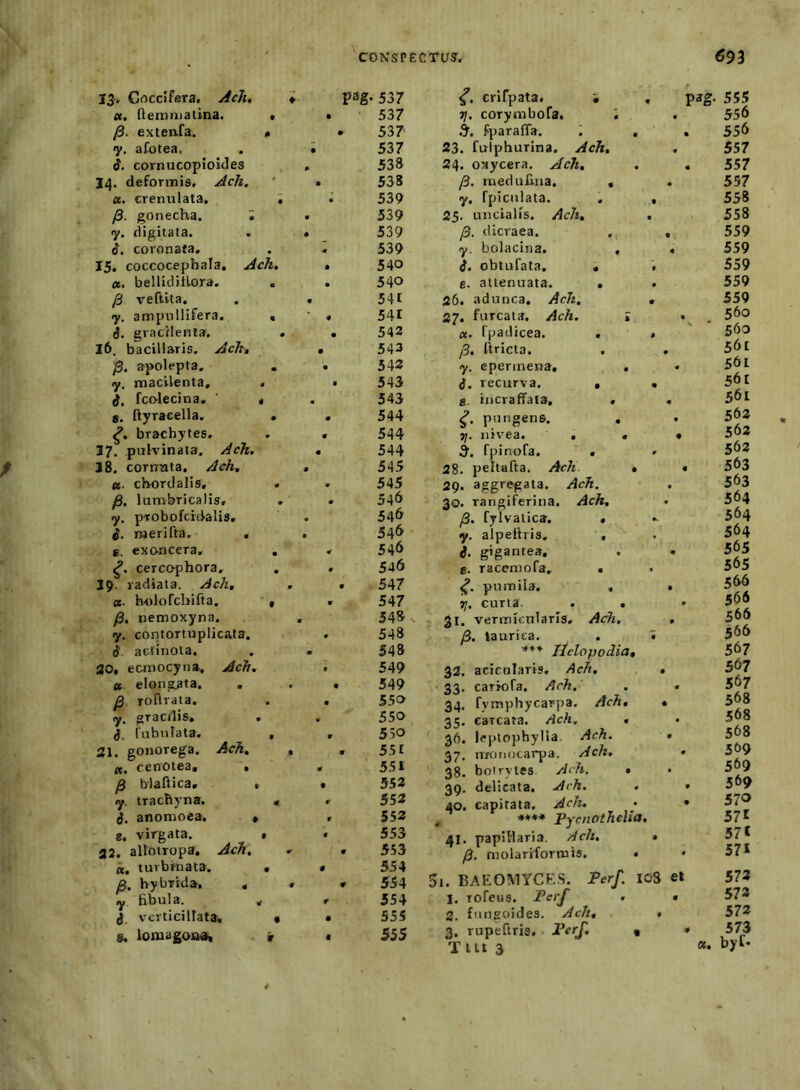 I3> Crtcclfftra. Ach, u. flemiiiatina. • /3. extenfa. « «y. afotea. 5. cornucopioides 14. deformis. Ach. u. creniilata. • /3. gonecha. Z y. digitata. . i. coronata. 15. coccocephala. Ach, a, belliditLora. . yS veftita. . y. ampiillifera. « 6. gracilenta. . 16. bacillaris. Ach, apolepta, y, macilenta. . i, fco-lecina, ' « «. ftyracella. • brachytes. 17. pulvinata, Ach. 18. cornnta, Ach, cc- chordalis, . yS. lumbricalis, y. pTobofcidalis, i. njerifta. • B. exo.ncera, , cerco^phora, . 19. radiata. Ach, ce. h-olofchifta. • yS. nemoxyna. y. contortuplicata. i. acfinola, ao. ecmocyna. ce. elongata. y3 roftrata, ly. gracilis, (J. rubulata. 31. gonorega. ce. cenotea, y3 biaftica, y. tracfiyna. anomoea. g, virgata. a2. allotropa. ce. turbinata, yg. hybrida, y fibula. ^ vcrticillataw S, ioniagoiMfi Ach, Ach, Ach, 537 537 537 537 538 538 539 539 539 539 540 540 541 541 542 543 542 543 543 544 544 544 545 545 546 54<^ 546 546 546 547 547 548. 548 548 549 549 550 550 550 551 551 552 552 552 553 553 554 554 554 555 555 crifpata, i , Tj. corymbofa. i fparaffa. . , 23. fulphurina. yrfcA. 34. oxycera. Ach, , fi. ineduUna, , y, rpiciilata. . • 35. uncialis. Ach, , yS. dicraea. y. bolacina, , i. obtufata. • • g. attenuata. . 36. adunca, Ach. , 37. furcata. Ach. i cc. fpadicea. . ' • fi. ftricta. . , y. cpermena, . (}. recurva. • • g. incraffata. . pungens. , Tj. nivea. , « fpinofa. ' • . 38. peltafta. Ach. * 39. aggregata. Ach. 30. rangiferina. Ach, /3. fylvatica. • y. alpeltris. , i. gigantea, . g. racemofa, • « pumila. , r;. curta. . , • 31. vermicnlarls, Ach. y3. lauriea. . 5 *** Tielopodia, 32. acieularis, Ach, , • 33. cariofa. Ach. 34. fymphycarjia. Ach, , 35. carcata. Ach, , 36. leplophylla. Ach. 37. nroiiocarpa, Ack. 38. boirytes Ach. • 39. delicata. Ach. 40. capitata. Ach. , Pycnothelia, 41. papillaria. Ach, • fi. niolariformis. • 5i. BAEOMYCKS. Perf. I03 I. rofeus. Fcrf . 3. fungoides. Ach, • 3. rupeftris, VerJ. « T Ut 3 et pag. 555 556 . 556 557 . 557 557 558 558 559 559 559 559 559 . 560 ' 560 56t 561 561 561 562 , 562 562 . 563 563 564 564 564 565 565 5^ . 566 566 566 567 567 567 568 568 568 . 509 569 . 569 . 570 57E 57« 571 572 572 572 573 «. byC*