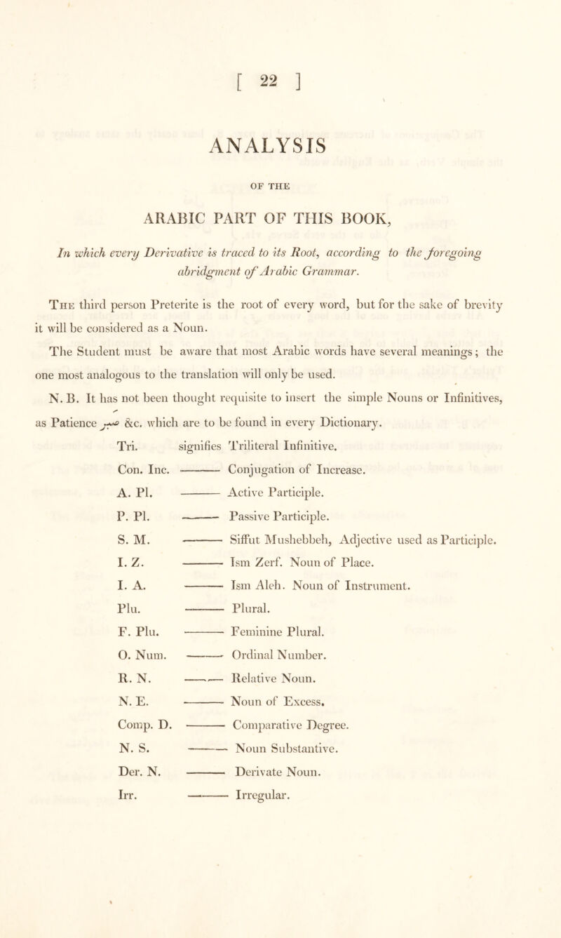 [ 22 ] ANALYSIS OF THE ARABIC PART OF THIS BOOK, In which every Derivative is traced to its Root, according to the Joregoing ahridgnient of Arabic Grammar. The third person Preterite is the root of every word, but for the sake of brevity it will be considered as a Noun. The Student must be aware that most Arabic words have several meanings; the one most analogous to the translation will only be used. N. B. It has not been thought requisite to insert the simple Nouns or Infinitives, as Patience &c. wdiich are to be found in every Dictionary. Tri. signifies Triliteral Infinitive. — Conjugation of Increase. Active Participle. Passive Participle. Siffut Mushebbeh, Adjective used as Participle. Ism Zerf. Noun of Place. Ism Aleh. Noun of Instrument. Plural. Feminine Plural. Ordinal Number. —-— Relative Noun. Noun of Excess. Comparative Degree. Noun Substantive. Derivate Noun. Irregular. Con, Inc. A. PI. P. PI. S. M. I. Z. I. A. Plu. F. Plu. O. Num. R. N. N. E. Comp. D. N. S. Der. N. Irr.