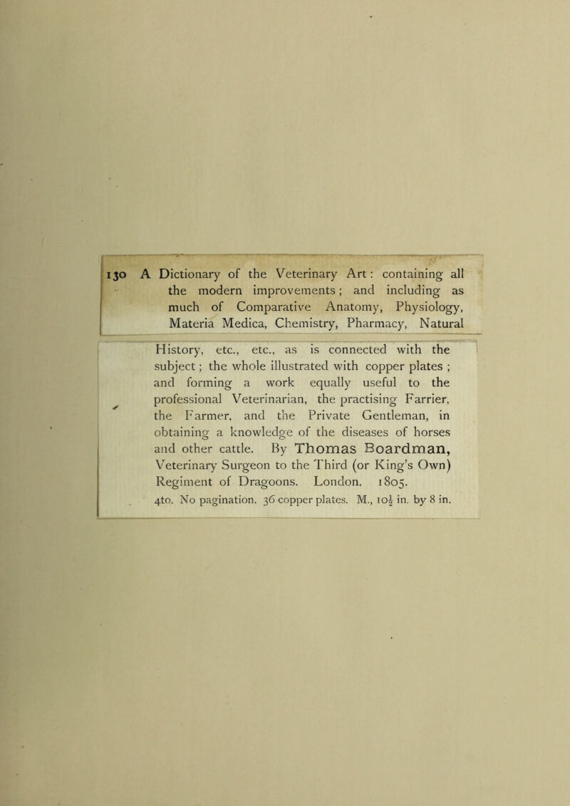 ijo A Dictionary of the Veterinary Art: containing all the modern improvements; and including as much of Comparative Anatomy, Physiology, Materia Medica, Chemistry, Pharmacy, Natural History, etc., etc., as is connected with the subject; the whole illustrated with copper plates ; and forming a work equally useful to the professional Veterinarian, the practising Farrier, the Farmer, and the Private Gentleman, in obtaining- a knowledge of the diseases of horses and other cattle. By Thomas Boardman, Veterinary Surgeon to the Third (or King’s Own) Regiment of Dragoons. London. 1805. 4to. No pagination. 36 copper plates. M., loD’i-by 8 in.