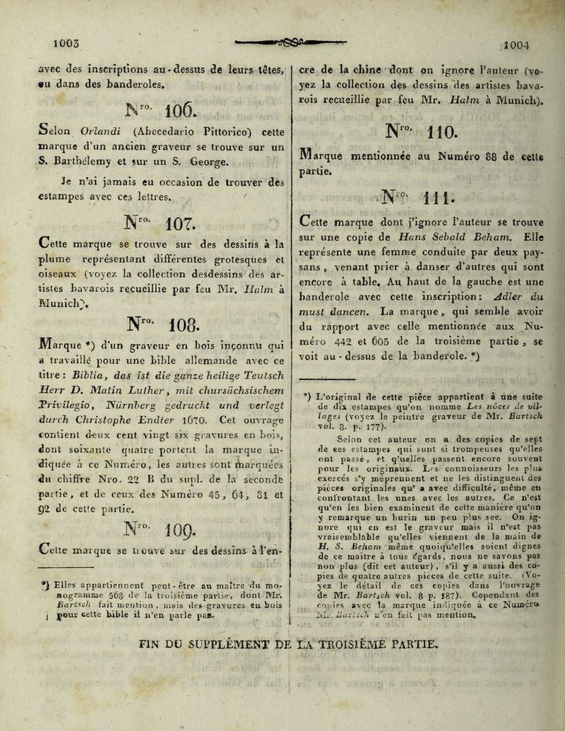avec des inscriptions au-dessus de leurs têtes, ®u dans des banderoles. Nr°- 106. Selon Orlandi (Abecedario Pittorico) cette marque d'un ancien graveur se trouve sur un S. Barthélemy et sur un S. George. Je n’ai jamais eu occasion de trouver des estampes avec ces lettres. Nr°- 107. Celte marque se trouve sur des dessins à la plume représentant différentes grotesques et oiseaux (voyez la collection desdessins des ar- tistes bavarois recueillie par feu Mr, Hctlm à Munich}* Nro- 108. .Marque *) d’un graveur en bois inçonr.u qui a travaillé pour une bible allemande avec ce titre: Biblia, das ist die ganze heilige Teutsch Herr D. Matin Luther, mit chursiichsischem Ti iviiegio, TSürnbcrg gedrucht und verlegt durch Christophe Endter lG?0. Cet ouvrage contient deux cent vingt six gravures en bois, dont soixante quatre portent la marque in- diquée à ce Numéro, les autres sont marquées du chiffre Nro. 22 B du supl. de la seconde partie, et de ceux des Numéro 45, 64, 8l et 92 de cette partie. Nro- 10Q. Celte marque se tiouve sur des dessins à l'en- *) Elles appartiennent peut-être au maître du mo- nogramme 568 de la troisième partie, dont Mr. Bartsch fait mention , mais des gravures eu. bois j çouï cette bible il n’en parle pas. cre de la chine dont on ignore l’auteur (vo- yez la collection des dessins des artistes bava- rois recueillie par feu Mr. Halm à Munich). Nro- 110. Marque mentionnée au Numéro 88 de cette partie. ■ N‘ç- 111. Cette marque dont j’ignore l’auteur se trouve sur une copie de Hans Sebald Beham, Elle représente une femme conduite par deux pay- sans , venant prier à danser d'autres qui sont encore à table. Au haut de la gauche est une banderole avec cette inscription : Adler du must dancen. La marque , qui semble avoir du rapport avec celle mentionnée aux Nu- méro 442 et 605 de la troisième partie , se voit au - dessus de la banderole. *) *) L’original de cette pièce appartient à une suite de dix estampes qu’on, nomme Les noces de vil- lages (voyez le peintre graveur de Mr. Bartsch vol, g- p. 17?)- Selon cet auteur on a des copies de sept de ees estampes qui sont si trompeuses qu’elles ont passé, et q’uelles passent encore souvent pour les originaux. Les connoisseurs les plus exercés s’y méprennent et ne les distinguent des pièces originales qu’ a avec difficulté, meme en confrontant les unes avec les autres. Ce n’est qu’en les bien examinent de cette manière qu’on y remarque un burin un peu plus sec. On ig- nore qui en est le graveur mais il n’est pas vraisemblable qu’elles viennent de la main de H. S. Beham même quoiqu’elles soient dignes de ce maitre à tous égards, nous ne savons pas non plus (dit eet auteur) , s’il y a aussi des co- pies de quatre autres pièces de cette suite. (Vo- yez le détail de ces copies dans l’ouvrage de Mr. Bartsch vol. 8 p. 18?). Cependant des copies avec la marque indiquée à ce NuuacrO’ 'hic. liavlsili n’en fait pas mention. FIN DU SUPPLÉMENT DE LA TROISIÈME PARTIE.