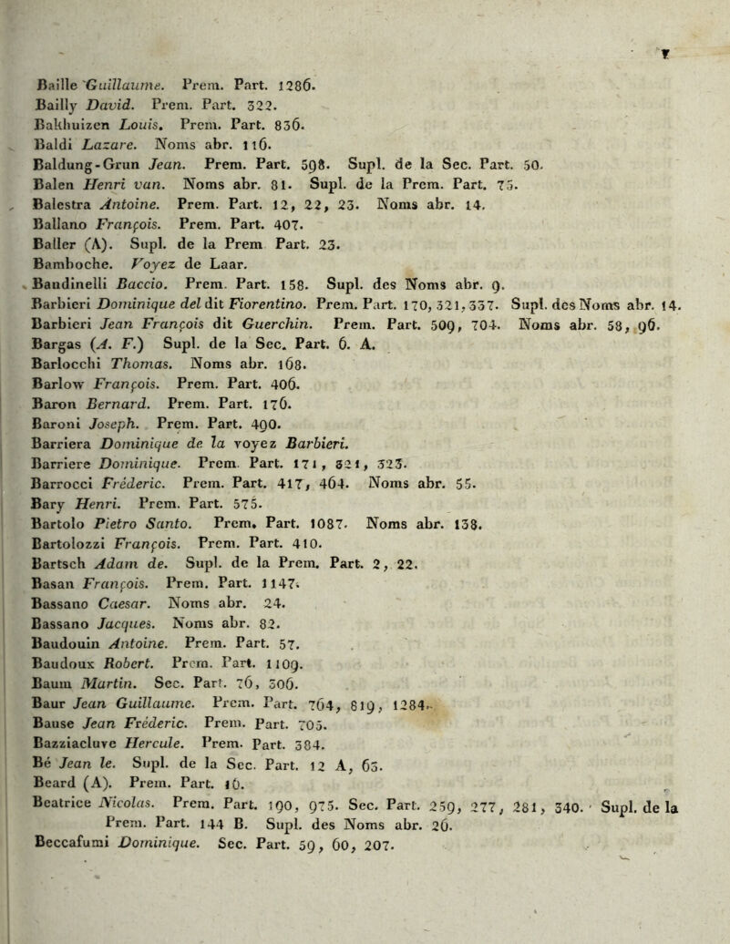 Bailly David. Prem. Part. 322. Bakliuizen Louis. Prem. Part. 8 3 6. Baldi Lazare. Noms abr. il6. Baldung-Grun Jean. Prem. Part. 5Q8. Supl. de la Sec. Part. 50. Balen Henri van. Noms abr. 81. Supl. de la Prem. Part. 75. Balestra Antoine. Prem. Part. 12, 22, 23. Noms abr. 14. Ballauo François. Prem. Part. 407. Baller (A). Supl. de la Prem Part. 23. Bamboche. Voyez de Laar. Bandinelli Baccio. Prem. Part. 158. Supl. des Noms abr. q. Barbiéri Dominique del dit Fiorentino. Prem. Part. 170, 321, 357. Supl. des Noms abr. 14. Barbiéri Jean François dit Guerchin. Prem. Part. 50Ç), 704. Noms abr. 58, 96. Bargas (.A. F.) Supl. de la Sec. Part. 6. A. Barlocchi Thomas. Noms abr. 168. Barlow François. Prem. Part. 406. Baron Bernard. Prem. Part. 176. Baroni Joseph. Prem. Part. 400. Barriera Dominique de la voyez Barbiéri. Barrière Dominique. Prem. Part. 171, 321, 323. Barrocci Frédéric. Prem. Part. 417, 4Ô4. Noms abr. 55. Bary Henri. Prem. Part. 575. Bartolo Pletro Santo. Prem. Part. 1087. Noms abr. 138. Bartolozzi François. Prem. Part. 410. Bartsch Adam de. Supl. de la Prem. Part. 2, 22. Basan François. Prem. Part. 1147^ Bassano Caesar. Noms abr. 24. Bassano Jacques. Noms abr. 82. Baudouin Antoine. Prem. Part. 57. Baudoux Robert. Prorn. Part. 1109. Bauiu Martin. Sec. Part. 76, 506. Baur Jean Guillaume. Prem. Part. 764, 819, 1284.^ Bause Jean Frédéric. Prem. Part. 705. Bazziacluve Hercule. Prem. Part. 384. Bé Jean le. Supl. de la Sec. Part. 12 A, 60. Beard (A). Prem. Part. lO. Béatrice Nicolas. Prem. Part. 190, Q75. Sec. Part. 25Q, 277, 281, 340.' Supl. de la Prem. Part. 144 B. Supl. des Noms abr. 26. Beccafumi Dominique. Sec. Part. 59, 60, 207.