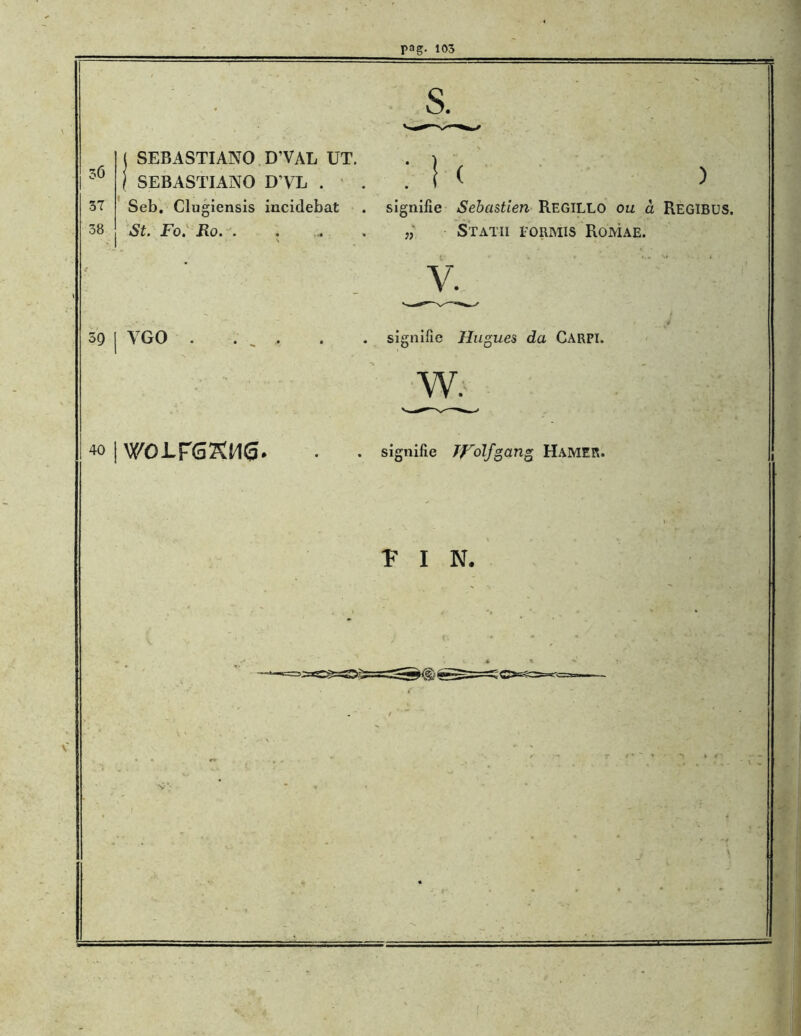S. 36 3T 38 SEBASTIANO D’VAL UT. SEBASTIANO D VL . Seb. Clugiensis incidebat St. Fo. Ro. . . i ( > signifie Sebastien Regillo ou à Regibus, » Statu 1-ormis Romae. V. 391 y go . signifie Hugues da CARPI. 40 | WOTFSKtie. W. . signifie TFolfgang HAMER. v 1 N.