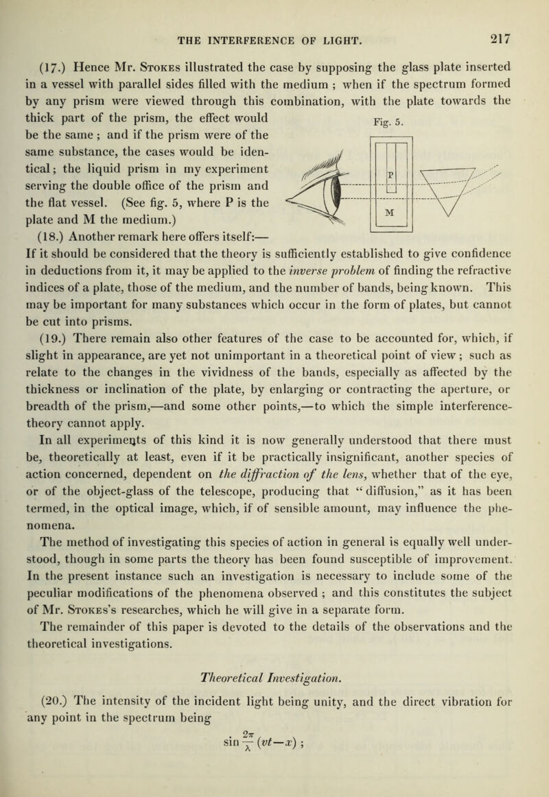 (17.) Hence Mr. Stokes illustrated the case by supposing the glass plate inserted in a vessel with paralleJ sides filled with the medium ; when if the spectrum formed by any prism were viewed through this combination, with the plate towards the thick part of the prism, the effect would be the same ; and if the prism were of the same substance, the cases would be iden- tical; the liquid prism in my experiment serving the double office of the prism and the flat vessel. (See fig. 5, where P is the plate and M the medium.) (18.) Another remark here offers itself:— If it should be considered that the theory is sufficiently established to give confidence in deductions from it, it may be applied to the inverse problem of finding the refractive indices of a plate, those of the medium, and the number of bands, being known. This may be important for many substances which occur in the form of plates, but cannot be cut into prisms. (19.) There remain also other features of the case to be accounted for, which, if slight in appearance, are yet not unimportant in a theoretical point of view ; such as relate to the changes in the vividness of the bands, especially as affected by the thickness or inclination of the plate, by enlarging or contracting the aperture, or breadth of the prism,—and some other points,—to which the simple interference- theory cannot apply. In all experimeqts of this kind it is now generally understood that there must be, theoretically at least, even if it be practically insignificant, another species of action concerned, dependent on the diffraction of the lens, whether that of the eye, or of the object-glass of the telescope, producing that “ diffusion,” as it has been termed, in the optical image, which, if of sensible amount, may influence the phe- nomena. The method of investigating this species of action in general is equally well under- stood, though in some parts the theory has been found susceptible of improvement. In the present instance such an investigation is necessary to include some of the peculiar modifications of the phenomena observed ; and this constitutes the subject of Mr. Stokes’s researches, which he will give in a separate form. The remainder of this paper is devoted to the details of the observations and the theoretical investigations. Fig. 5. Theoretical Investigation. (20.) The intensity of the incident light being unity, and the direct vibration for any point in the spectrum being 27r sin — {vt—x) ;