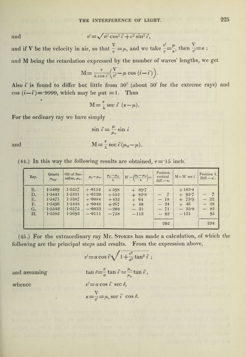 and tJ = \/dr cos'^ i' + si i', and if V be the velocity in air, so that — and we take -=-, then ; and M being the retardation expressed by the number of waves’ lengths, we get M= . ^ cos {i—i')). Also i' is found to differ but little from 30° (about 30' for the extreme rays) and cos (/—i')='9999, which may be put =1. Thus 4 M= - sec i {z—(jb). For the ordinary ray we have simply and • yU' . . sin 1 = — sin i f^o M= - sec (44.) In this way the following results are obtained, r = T5 inch. Ray. Quartz f^PQ- Oil of Sas- safras, /im- t^p—f^n X Position vertical diff. = n. M = M' sec i'. Position 1. Diff. = n. B. 1-5409 1-5257 + -0152 + .598 + 89-7 + 103-4 D. 1-5441 1-5321 -t--0120 + 552 + 82-8 - 7 + 95-7 - 7 E. 1-5471 1-5387 -^-0084 + 432 + 64 — 18 + 73-9 — 22 F. 1-5496 1-5448 -I--0048 + 267 + 40 24 -f- 46 - 28 G. 1-5542 1-5575 --0033 — 208 — 31 - 71 — 35-8 - 82 H. 1-5582 1-5693 —-0111 — 758 — 113 - 82 — 131 95 202 234 (45.) For the extraordinary ray Mr. Stokes has made a calculation, of which the following are the principal steps and results. From the expression above. and assuming / ^ v'=a cos i''^/ 1 + ^ tan^ i'; C .» .. tan d=- tan ^ — — tan ^, a ft, ’ K=^=f>j^seci cosO.