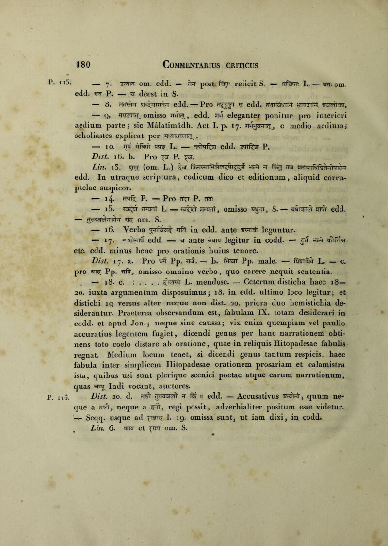 ,f5- — 7. ora. edd. — hr post reiicit S. —> trf^?T; L.—?nr. om. edd. p P. — xf deest in S. — 8. FTdVH go^-iviirH edd. — Pro HV.H^r edd. rrjrrf&yT^ir mn-nu- — 9, omisso mrra^, edd. nu eleganter ponitur pro interiori aedium parte; sic Malatimadli. Act. I. p. 17. uuuoRik, e medio aedium; sclioliastes explicat per ^'fonuTW. . — 10. jpf Jutirr qrrf L. — rrsqWf^r edd. OT1R.VI P. Dist. 16. b. Pro <°r P. ^rsr. Lin, i3. sftt (om, L.) £cr umwwn =r f^r frar edd. In utraque scriptura, codicum dico et editionum, aliquid corru- ptelae suspicor. 14. rPirft P. — Pro rT5T P. rTcT: — 15. JTOTrTT L — JP-wr, omisso , S. — stfu edd. — ihh air om. S. — 16. Verba qprfararir ulu in edd. ante sto leguntur. — 17. -sTturcr edd. — ante uwr legitur in codd. — uiu ofHttst etc. edd. minus bene pro orationis huius tenore. Dist. 17. a. Pro w*r Pp. usr. — b. furcrr Pp. male. — fmnf&j L. — c. pro srr^; Pp. omisso omnino verbo, quo carere nequit sententia. , — 18. c. : . . . . L. mendose. — Ceterum disticha haec 18— 20. iuxta argumentum disposuimus; 18. in edd. ultimo loco legitur; et distichi 19 versus alter neque non dist. 20. priora duo hemistichia de- siderantur. Praeterea observandum est, fabulam IX. totam desiderari in codd. et apud Jon.; neque sine caussa; vix enim quempiam vel paullo accuratius legentem fugiet, dicendi genus per hanc narrationem obti- nens toto coelo distare ab oratione, quae in reliquis Hitopadesae fabulis regnat. Medium locum tenet, si dicendi genus tantum respicis, haec fabula inter simplicem Hitopadesae orationem prosariam et calamistra ista, quibus usi sunt plerique scenici poetae atque earum narrationum, quas Indi vocant, auctores. r. 116. Dist. 20. d. =tst H^ysrcfii R' far 11 edd. — Accusativus crater, quum ne- que a =tct, neque a f<Tr, regi possit, adverbialiter positum esse videtur, -n- Seqq. usque ad 1. 19. omissa sunt, ut iam dixi, in codd. Lin. 6. cFrcr et om. S.