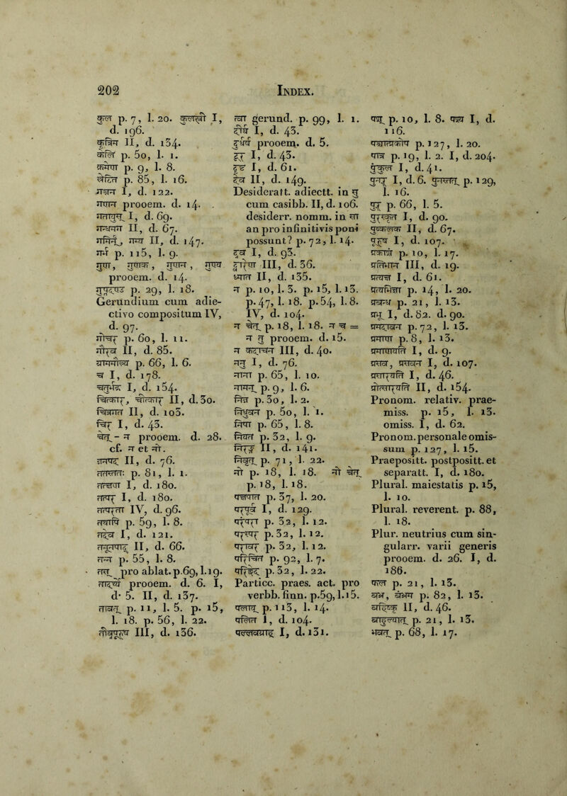 3^1 p. 7, 1. 20. I, far gerund. p. 99, 1. 1. am^ p. 10. d. 196. I, d. 43. 116. II, d. 154. .jyy prooem* d, 5. qwaarta yrn?r p. 5o, 1. 1. Sr!’ d• 43* yr? p. 19 StUITT p. 9, 1. 8. zy I, d. 61. I, , P^6tT p. 85, 1. 16. II, d., 149. SFI d- JTWy I, d. 122. Desideratt. adiectt. in u 1. 16. p. j 27, 1.20. ntrFT prooem. d. i4- STrTlW^ I, d. 69. rnwT II, d. 67. rrf^, upt II, d. 14-7' mr p. 115, 1. 9. ijcrr, irciTcfr, jtitpt , prooem. d. 14. p. 29, 1. 18. Gerundium cum adie- ctivo compositum IV, <*• 97- HTET^ p. 60, 1. IX. st^TcT II, d. 85. mtrater p. 66, 1. 6. =3 I, d. 178. I, d. i54- f^Frrp, ^rcET}- II, d.3o. i%tnH II, d. io5. I, d. 43. prooem. d. 28. cf. -r et «rt. II, d. 76. rlVWHVT: p. 8l , 1. X. rTrSmT I, d. l8o. rTr^ I, d. l80. rOTpTT IV, d. 96. H^Tfcr p. 5g, 1. 8. rttoT I, d. 121. II, d. 66. rp^r p. 55, 1. 8. SI P- 66> 1- 5. desiderr. nomm. in nr ap^icr I, d. 90. an pro infinitivis poni II, d. 67. possunt? p. 72, 1. 14* 7^ I, d. 107. ra- I, d. 93. awnir p. 10, 1. 17. HT^trr III, d. 36. xrmwr III, d. 19. wnrT II, d. 135. aora1 I, d. 61. •t p. 10,1. 3. p. i5, 1.13. arymm p. 14, 1« 20. p. 47,1. 18. p. 54, 1.8. a^py p. 21, i. 13. IV, d. 104. u gn p. 18, I. 18. =sr = ^ n prooem. d. i5. =7 III, d. 40. V d. 76. ^TPTT p. 65, 1. 10. =TTJH^ p. 9, 1. 6. p. 3o, 1. 2. fmjoR p. 5o, 1. 1. fyar p. 65, 1. 8. f^irt p. 32, 1. 9. II, d. i4i- fUoTr^ p. 71, 1. 22. rft p. 18, 1. 18. irrT_ p. 18, 1.18. MTrf p. 37, 1. 20. 'VS# I> d. 129- ypv1 p- 62, 1. 12. p. 32, I. 12. q^iaT p. 32, l.i2. qfft%rT p. 92, 1. 7. pro ablat.p.69,1.19. p. 32, I.22. rriK^f prooem. d. 6. I, Particc. praes, act. pro d* 5. II, d. 137. verbb. finn. p.5g, l.i5. rTToTfj; p. 11, 1. 5. p. l5, y5TRT_ p. 1 l3, 1. 14* 1. i8. p. 56, 1. 22. afiricT 1, d. 104. III» d. i36. I, d. i3i. au^I, d. 82. d. 90. p. 72, J. i3. amm p. 8, 1. i3. amrrrafH I, d. 9. auBr, aucFT I, d. 107. ampyfFT I, d. 46. aTFUT^yiH II, d. i54. Pronom. relativ. prae- miss. p. i5, 1. i3. omiss. I, d. 62. Pronom. personale omis- sum p. 127, 1. i5. Praepositt. postpositt. et separatt. I, d. 180. Plural. maiestatis p. i5, I. 10. Plural. reverent. p. 88, 1. 18. Plur. neutrius cum sin- gularr. varii generis prooem. d. 26. I, d. 186. awT 21 1. i3. sn*, snw p. 82, 1. i3. «yfip* II, d. 46. bnj-rrOTrf^ p. 21 , 1. l3. HoTFT_ p. 68, 1. 17.