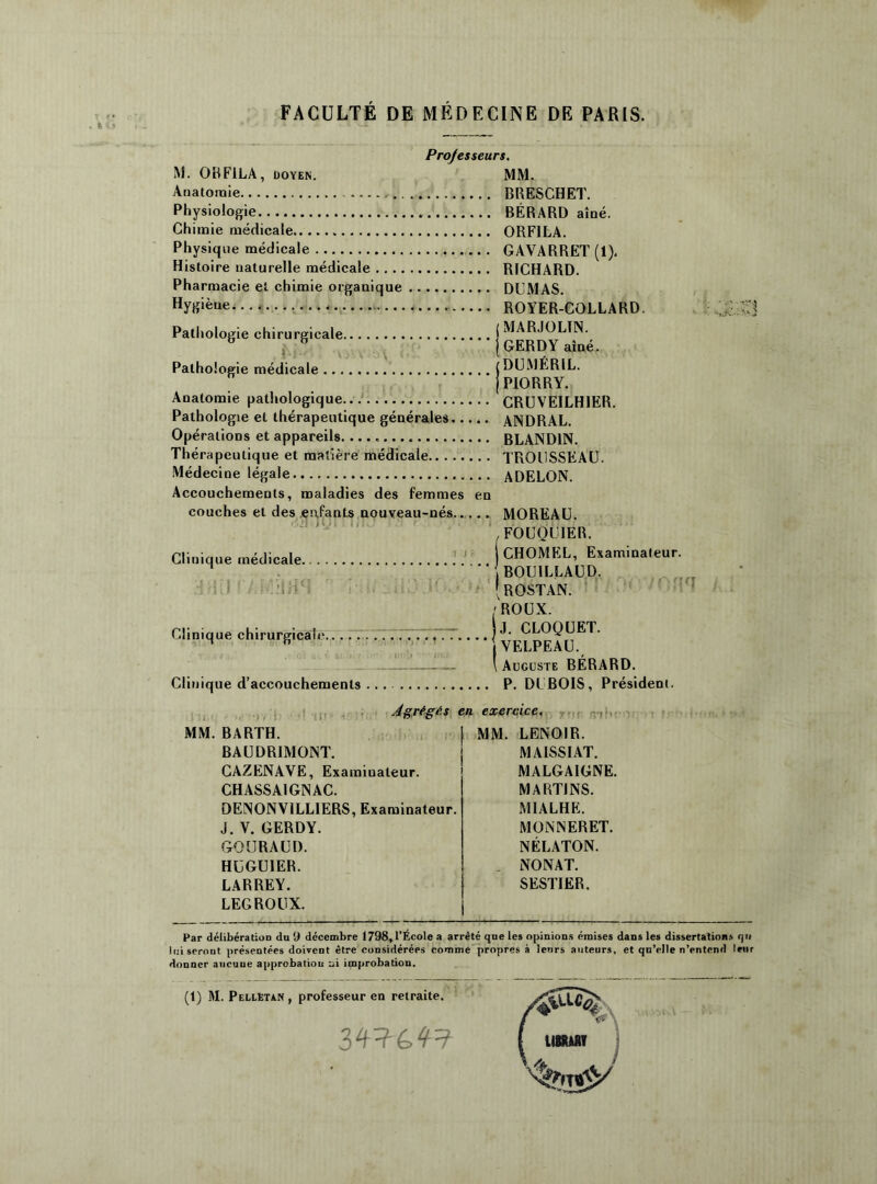 Projesseurs. M. 0BF1LA, doyen. Anatomie Physiologie . Chimie médicale Physique médicale Histoire naturelle médicale Pharmacie et chimie organique Hygiène Pathologie chirurgicale j Pathologie médicale j Anatomie pathologique Pathologie et thérapeutique générales Opérations et appareils. Thérapeutique et matière médicale Médecine légale Accouchements, maladies des femmes en couches et des enfants nouveau-nés oil J v* * '1 '• f * ; 1 Clinique médicale.. . . i III f 'ÂW’UÏ*! Clinique chirurgicale, Clinique d’accouchements MM. BRESCHET. BÉRARD aîné. ORFILA. GAVARRET (1). RICHARD. DUMAS. ROYER-COLLARD. MARJOLIN. GERDY aîné. DUMÉRIL. PIORRY. CRUVEILH1ER. ANDRAL. BLANDIN. TROUSSEAU. ADELON. MOREAU. FOUQUIER. CHOMEL, Examinateur. BOU1LLAUD. ROSTAN. ROUX. J. CLOQUET. VELPEAU. Auguste BÉRARD. P. DUBOIS, Président. .A- J MM M fil» ; BARTH. BAUDRIMONT. CAZENAVE, Examinateur. CHASSA1GNAC. DENONVILLIERS, Examinateur. J. V. GERDY. GOURAUD. HUGUIER. LARREY. LEGROUX. Agrégés en exercice, MM. LENOIR. MA ISS IAT. MALGAIGNE. MARTINS. MIALHE. MONNERET. NÉLATON. NONAT. SESTIER. Par délibération du 9 décembre 1798, l’École a arrêté que les opinions émises dans les dissertations qu lui seront présentées doivent être considérées comme propres à leurs auteurs, et qu’elle n’entend leur donner ancuue approbation ni improbation. (1) M. Pelletan , professeur en retraite. 347^'??