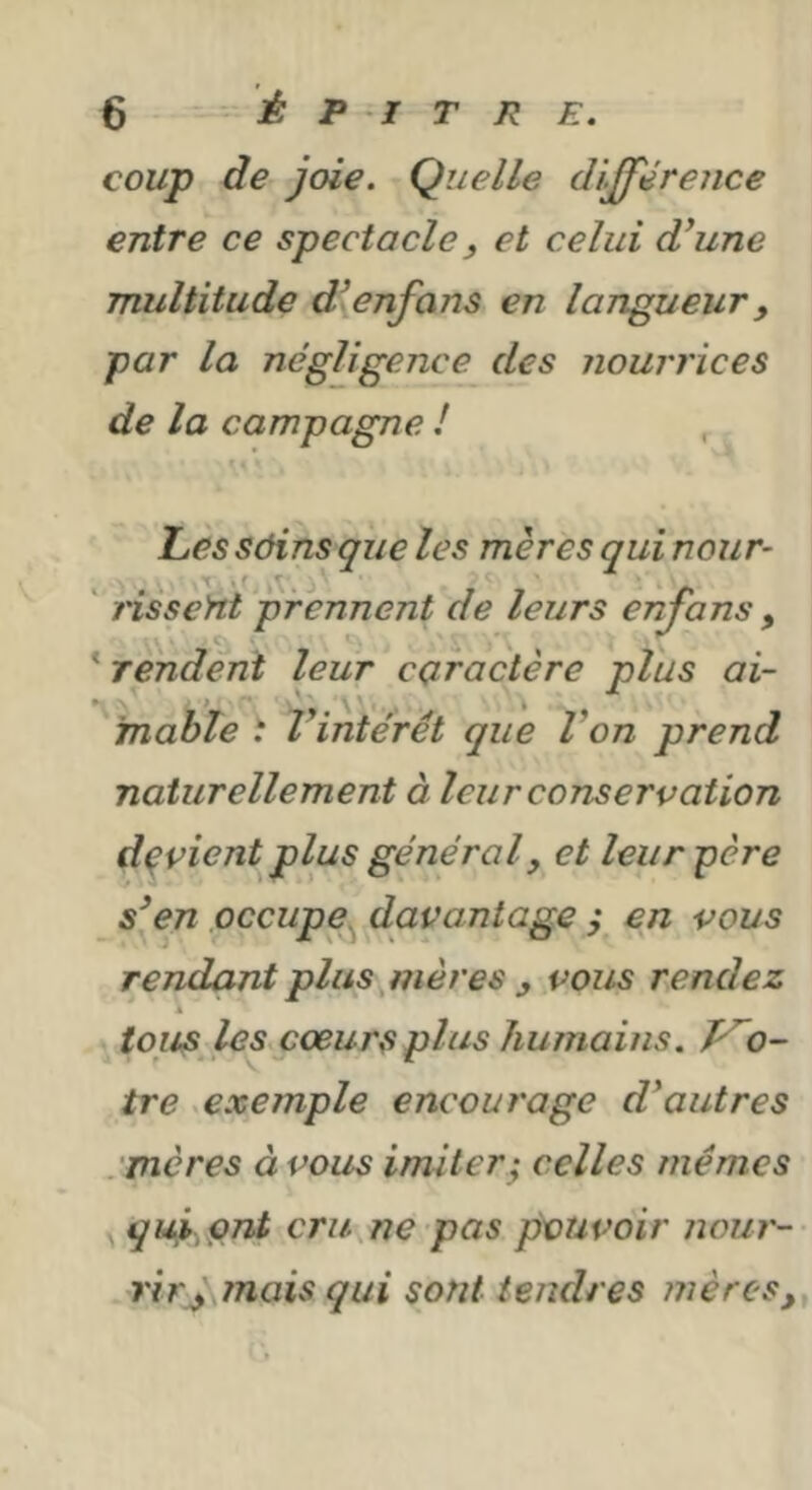 coup de joie. Quelle différence entre ce spectacle, et celui d’une multitude d’enfans en langueur, par la négligence des nourrices de la campagne ! Les sôins que les mères qui nour- ' HsseHt prennent de leurs enfans y * Tendent leur caractère plus ai- fnahïe : l intérêt que Von prend naturellement à leur conservation devient plus général, et leur père s’en occupe^ davantage ,• en vous rendant plus mères y vous rendez A tous les cœurs plus humains. T^o- tre exemple encourage d’autres mères à vous imiter^ celles mêmes qujk ont cru ne pas pouvoir nour-- rir^ înais qui sont tendres mères,y