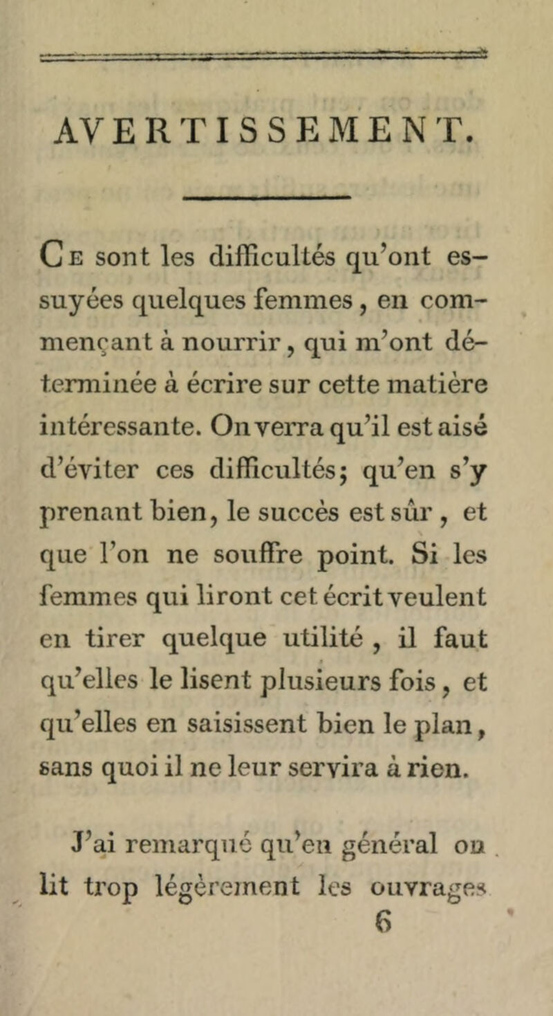 AVERTISSEMENT. Ce sont les difficultés qu’ont es- suyées quelques femmes, en com- mençant à nourrir, qui m’ont dé- terminée à écrire sur cette matière intéressante. On verra qu’il est aisé d’éviter ces difficultés; qu’en s’y prenant bien, le succès est sûr , et \ que l’on ne souffre point. Si les femmes qui liront cet écrit veulent en tirer quelque utilité , il faut qu’elles le lisent plusieurs fois, et qu’elles en saisissent bien le plan, sans quoi il ne leur servira à rien. J’ai remarqué qu’en général on . lit trop légèrement les ouvrages