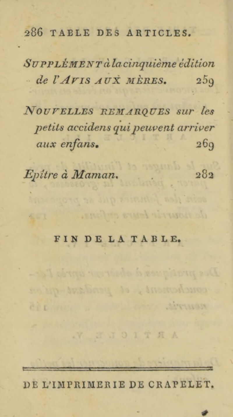 SuPPLÉMEN T à la cinquième édition de VAris aux mères, 259 Nouvelles remarques sur les - petits accidens qui peuvent arriver aux enfans, 269 Epitre à Maman, 282 FIN DE LA TABLE. DE L’IMPRIMERIE DE CRAPELET. #