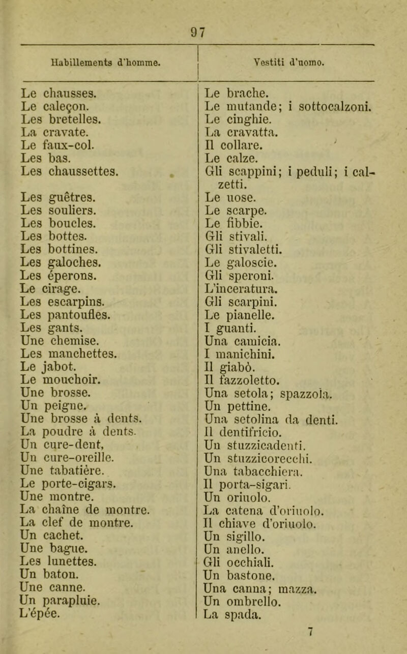 Uabillements d'homme. Le chausses. Le calegon. Les bretelles. La cravate. Le faiix-col. Les bas. Les chaussettes. Les guetres. Les souliers. Les boucles. Les bottes. Les bottines. Les galoches. Les eperons. Le cirage. Les escarpins. Les pantoufles. Les gants. Une chemise. Les manchettes. Le jabot. Le mouchoir. Une brosse. Un peigne. Une brosse a dents. La poudre a dents. Un cure-dent, Uu cure-oreille. Une tabatiere. Le porte-cigars. Une montre. La chaine de montre. La clef de montre. Un cachet. Une bagiie. Les lunettes. Un baton. Une canne. Un parapluie. L’^p6e. Yestiti d'nomo. Le brache. Le mutande; i sottocalzoni. Le cinghie. T«a cravatta. II collare. ' Le calze. Gli scappini; i peduli; i cal- zetti. Le uose. Le scarpe. Le fibbie. Gli stivali. Gli stivaletti. Le galoscie. Gli speroni. L’inceratura. Gli scarpiui. Le pianelle. I guanti. Una caraicia. I manichini. II giab6. II fazzoletto. Una setola; spazzoia. Un pettine. Una setolina da denti. II dentifricio. Uu stuzzicadenti. Un stuzzicorecclii. Una t.abacchicra. II porta-sigari. Un oriuolo. La catena d’oiinolo. II chiave d’oriuolo. Un sigillo. Un anello. Gli occhiali. Un bastone. Una canua; mazza. Un ombrello. La spada.