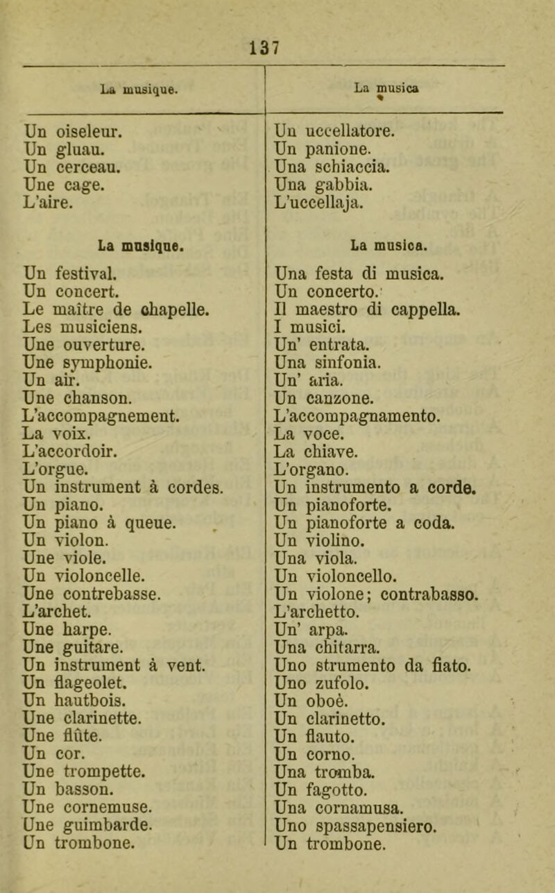 La mosique. Un oiseleur. Un gluau. Un cerceau. Une cage. L’aire. La mnsiqne. Un festival. Un concert. Le maitre de ohapelle. Les musiciens. Une ouverture. Une symphonie. Un air. Une chanson. L’accompagnement. La voix. L’accordoir. L’orgue. Un instrument a cordes. Un piano. Un piano a queue. Un violon. Une viole. Un violoncelle. Une contrebasse. L’archet. Une harpe. Une guitare. Un instrument a vent. Un flageolet. Un hautbois. Une clarinette. Une flute. Un cor. Une trompette. Un basson. Une cornemuse. Une guimbarde. Un trombone. La musica % Uu uccellatore. Un panione. Una schiaccia. Una gabbia. L’uccellaja. La musica. Una festa di musica. Un concerto. II maestro di cappella. I musici. Un’ entrata. Una sinfonia. Un’ aria. Un canzone. L’accompagnamento. La voce. La chiave. L’organo. Un instrumento a corde. Un pianoforte. Un pianoforte a coda. Un violino. Una viola. Un violoncello. Un violone; contrabasso. L’archetto. Un’ arpa. Una chitarra. Uno strumento da fiato. Uno zufolo. Un obo6. Un clarinetto. Un flauto. Un corno. Una tromba. Un fagotto. Una cornamusa. Uno spassapensiero. Un trombone.