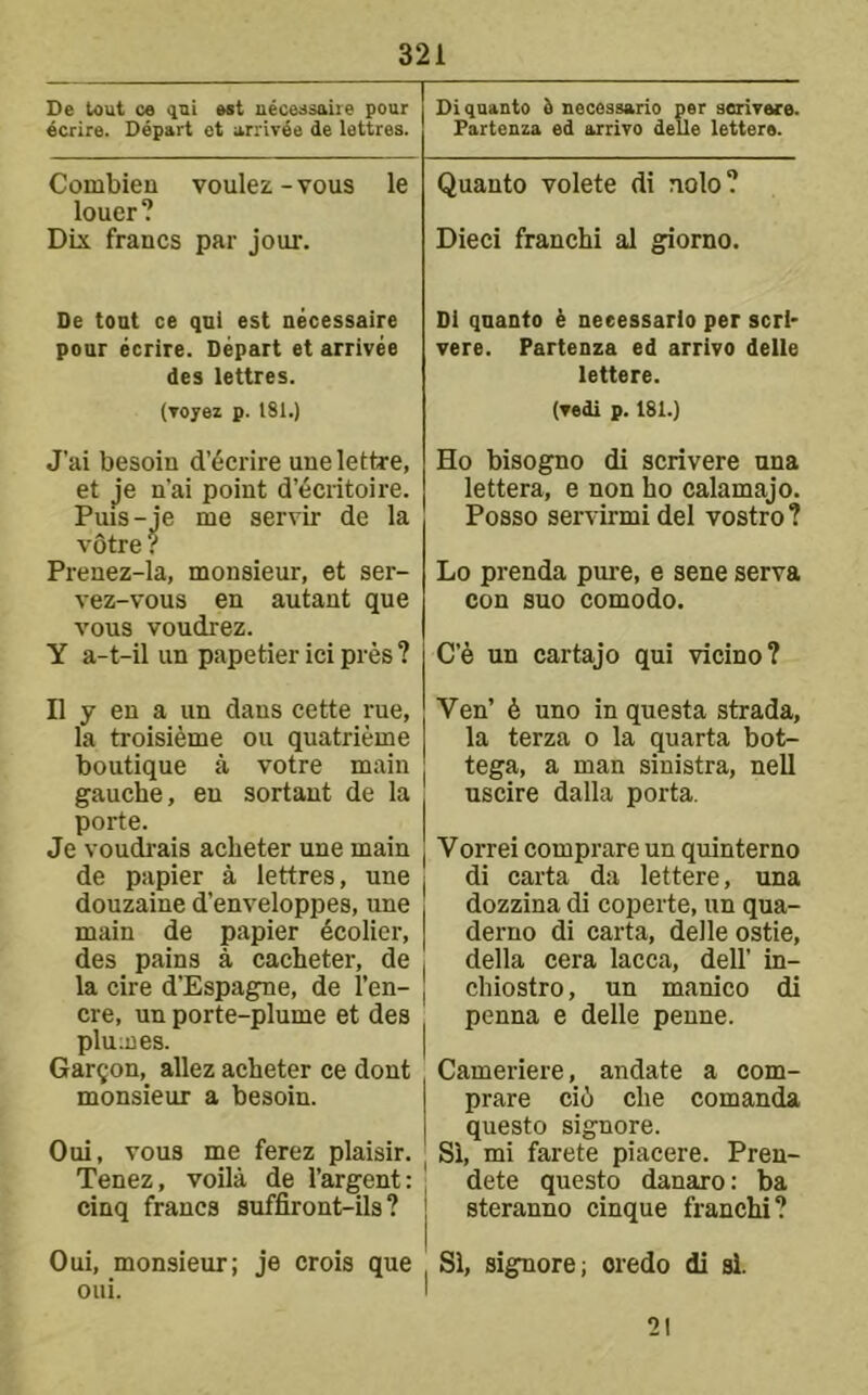 De lout C6 401 Mt uecedsaire pour Di quanto & necessario per seriTere. 4crire. Depart et arrlvee de lettres. Partenza ed arrive delle lettere. Combieu voulez-vous le louer? Dix francs par jour. De tout ce qul est necessaire pour ecrire. Depart et arrivee des lettres. (Toyez p. 181.) J’ai besoin d’6crire unelettre, et je n’ai point d’ecritoire. Puis-je me servir de la votre ? Prenez-la, monsieur, et ser- vez-vous en autant que vous voudrez. Y a-t-il un papetier ici pres ? n y en a un dans cette rue, la troisieme ou quatrieme boutique a votre main gauche, en sortant de la porte. Je voudrais acheter une main de papier a lettres, une douzaine d’enveloppes, une main de papier 4colier, des pains a cacheter, de la cire d’Espagne, de I’en- cre, un porte-plume et des plumes. I Gargon, allez acheter ce dont monsieur a besoin. | Oui, vous me ferez plaisir. j Tenez, voila de I’argent: ; cinq francs suffiront-ils ? j Oui, monsieur; je crois que . oui. I Quanto volete di nolo? Dieci franchi al giorno. DI qnanto h neeessarlo per scrl- vere. Partenza ed arrive delle lettere. (vedi p. 181.) Ho bisogno di scrivere una lettera, e non ho calamajo. Posso servirmi del vostro ? Lo prenda pure, e sene serva con suo comodo. C’6 un cartajo qui vicino? Ven’ 6 uno in questa strada, la terza o la quarta bot- tega, a man sinistra, nell uscire dalla porta. V orrei comprare un quinterno di carta da lettere, una dozzina di coperte, un qua- derno di carta, delle ostie, della cera lacca, dell’ in- chiostro, un manico di penna e delle peune. Cameriere, andate a com- prare ci6 che comanda questo signore. Si, mi farete piacere. Pren- dete questo danaro: ba steranno cinque franchi? Si, signore; credo di si. 21