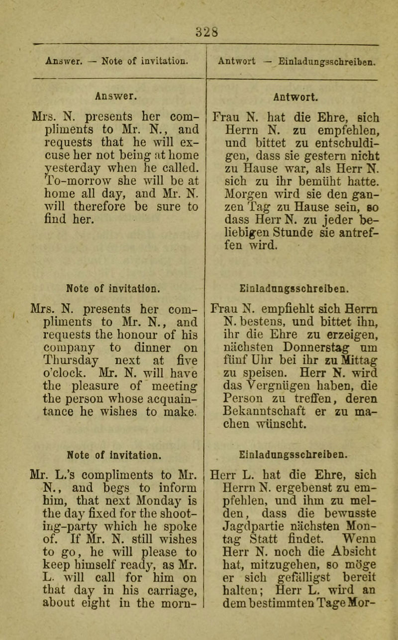 Andwer. — Note of invitation. Answer. Mrs. N. presents her com- pliments to Mr. N., and requests that he will ex- cuse her not being at home yesterday when he called. To-morrow she will be at home all day, and Mr. N. will therefoi’e be sure to find her. Note of invitation. Mrs. N. presents her com- pliments to Mr. N., and requests the honour of his company to dinner on Thm’sday next at five o’clock. Mr. N. will have the pleasure of meeting the person whose acquain- tance he wishes to make. Note of Invitation. Mr. L.’s compliments to Mi-. N., and begs to inform him, that next Monday is the day fixed for the shoot- ing-party which he spoke of. If Mr. N. still wishes to go, he will please to keep himself ready, as Mr. L. will call for him on that day in his carriage, about eight in the morn- Antwort — Einladungsschreiben. Antwort. Frau N. hat die Ehre, sich Herrn N. zu empfehlen, und bittet zu entschuldi- gcn, dass sie gestern nicht zu Hause war, als Herr N. sich zu ihr bemiiht hatte. Morgen wird sie den gan- zen Tag zu Hause sein, so dass Herr N. zu jeder be- liebigen Stunde sie antref- fen wird. Einladnngsscbrelben. Frau N. empfiehlt sich Herm N. bestens, und bittet ihn, ihr die Ehre zu erzeigen, niichsten Donnerstag um fiinf Uhr bei ihr zu Mittag zu speisen. Herr N. wird das Vergniigen haben, die Person zu treffen, deren Bekanntschaft er zu ma- chen wiinscht. Einladnngsscbrelben. Herr L. hat die Ehre, sich Herrn N. ergebenst zu em- pfehlen, und ihm zu mel- den, dass die bewusste Jagdpartie niichsten Mon- tag Statt findet. Wenn Herr N. noch die Absicht hat, mitzugehen, so rniige er sich gefalligst bereit halten; Herr L. whd an dem bestimmten Tage Mor-
