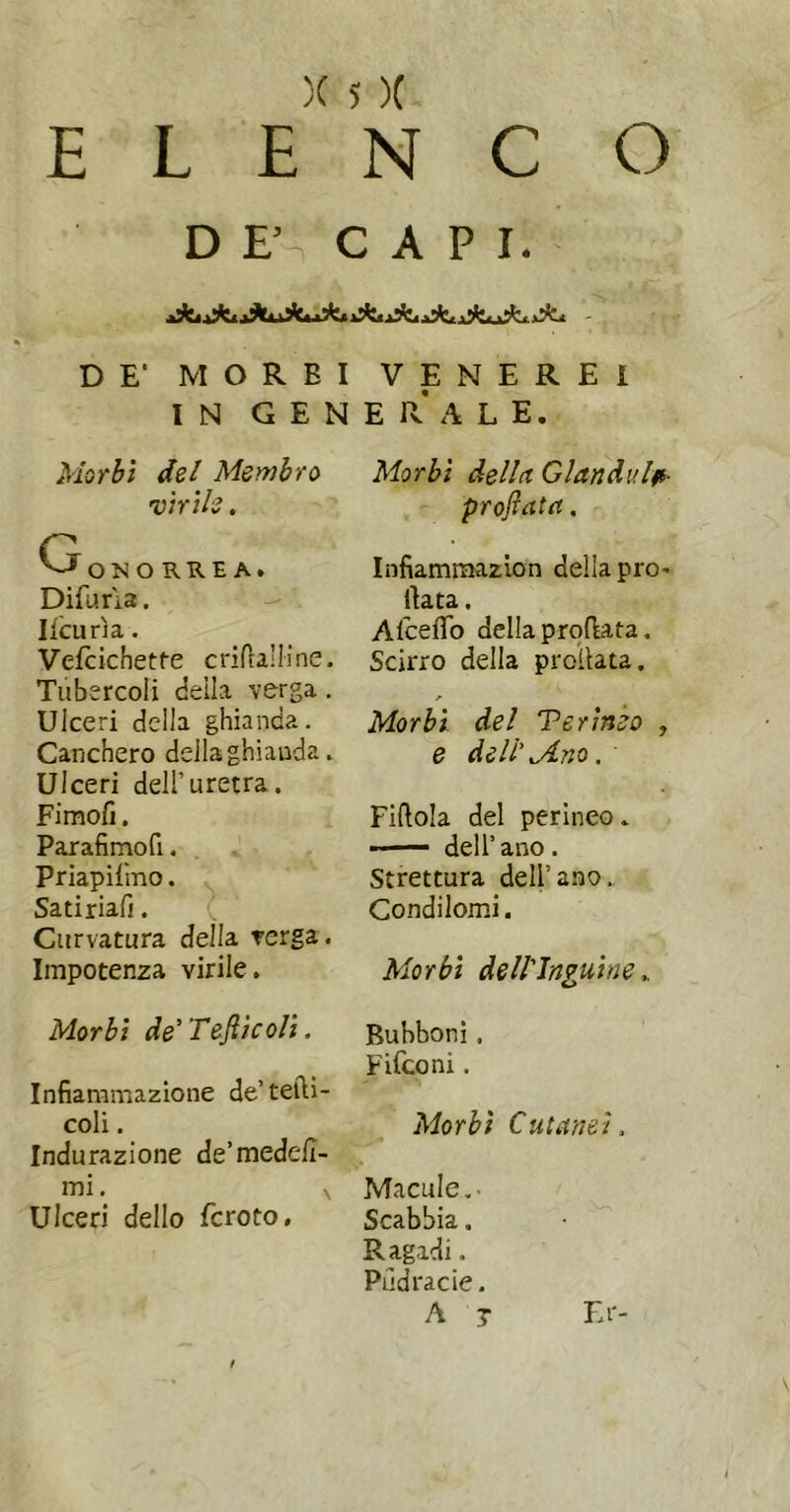 ELENCO D F CAPI. DE' MORBI IN G E N Morbi del Membro virile. G OTORREA. Difurla. Ilcurìa. Vefcichette crifla'Hne. Tubercoli deila verga. Ulceri della ghianda. Canchero della ghianda. Ulceri deir uretra. Fimofi. Parafimofi. Priapirmo. Satiriafi. Curvatura della verga. Impotenza virile. Morbi de’Teftìcolì. Infiammazione de’tefti- coli, Iodurazione de’medefl- mi. V Ulceri delio fcroto. VENEREI E R A L E. Morbi della Glandulft- profiata. Infiamraazion della prò- fiata. Afceflb della prqfiata. Scirro della proliata. Morbi del Termeo , e dell'Mno. Fiftola del perineo. - — dell’ano. Strettura dell’ano,. Condilomi. Morbi dell'Inguine ^ Bubboni . Fifconi. Morbi Cutanei. Macule.- Scabbia. Rag-adi. Pùdracie. A T Er- t