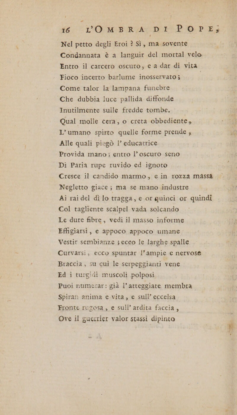 I ì - ig: L’'O MB R/A- DE POPE Nel petto degli Eroi ? Sì, ma sovente Condannata è a languir del mortal velo Entto il carcero oscuro, e a dar di vita Fioco incerto barlume inosservato i i Come talor la lampana funebre Che dubbia luce pallida diffonde Inutilmente sulle fredde tombe. Qual molle cera, o creta obbediente, L’umano spirto quelle forme prende , Alle quali piegò 1° educatrice Provida mano; entro l’ oscuro seno Di Paria rupe ruvido ed ignoto Cresce il candido marmo, e in rozza massa Negletto giace ; ma se mano industre Ai rai del dì lo tragga, e or quinci or quindi Col tagliente scalpel vada solcando Le dure fibre, vedi il masso informe Effigiarsi, e appoco appoco umane Vestir sembianze ; ecco le larghe spalle Curvarsi, ecco spuntar l’ampie e nervose Braccia, su cui le serpeggianti vene Ed i turgidi muscoli polposi Puoi numerar: già l’ arteggiate membra Spiran anima e vita, e sull’ eccelsa Fronte rugosa, e sull’ ardita faccia, Ove il guerrier valor stassi dipinto