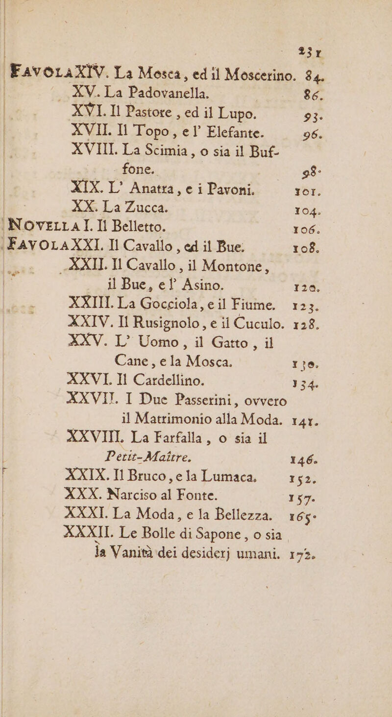 23 r XV. La Padovanella. 86. XVII. Il Topo, el’ Elefante. 96. XVII. La Scimia, © sia il Buf- - fone. 98° XIX. L' Anatra, e i Pavoni. TOI. XX. La Zucca. 104. (NOVELLAT. Il Belletto. 106. \FAVOLAXXI. Il Cavallo , ed il Bue. 108. TE il Bue, el’ Asino. 120. XXIII. La Gocciola, e il Fiume. 123. XXIV. Il Rusignolo, e il Cuculo. 128. XXV. L’ Uomo, il Gatto, il Cane, e la Mosca. 13}0. XXVI. Il Cardellino. 134. XXVII. I Due Passerini, ovvero il Matrimonio alla Moda. r4r. XXVIIL La Farfalla, © sia il Pettt-Maître. 146. XXIX. Il Bruco, e la Lumaca, r5s XXX. Narciso al Fonte. 157. XXXI. La Moda, e la Bellezza. 165° XXXII. Le Bolle di Sapone, o sia la Vanità dei desiderj umani. 173.