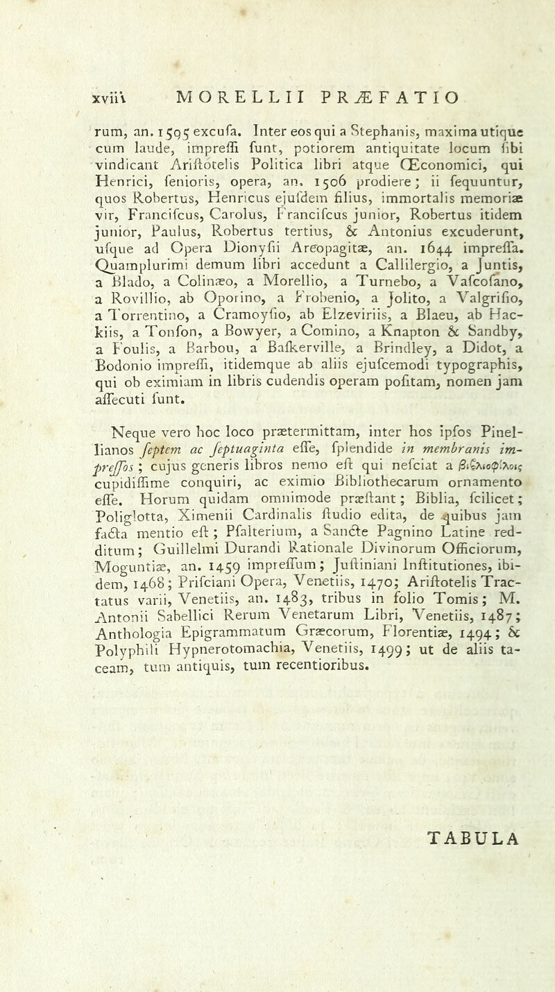 xviiv MORELLII PR1FATIO rum, an. 1595 excufa. Inter eosqui a Stephanis, maximautique cuin laude, imprefli funt, potiorem antiquitate locum flbi vindicant Ariftotelis Politica libri atque CEconomici, qui Henrici, fenioris, opera, an, 1506 prodiere; ii fequuntur, quos Robertos, Henricus ejufdem filius, immortalis memorise vir, Francifcus, Carolus, Francifcus junior, Robertus itidem junior, Paulus, Robertus tertius, 6t Antonius excuderunt, ufque ad Opera Dionyfii Areopagitse, an. 1644 imprefla. Quamplurimi demurn libri accedunt a Callilergio, a juntis, a Blado, a Colinaeo, a Morellio, a Turnebo, a Vafcofano, a Rovillio, ab Oporino, a Frobenio, a Jolito, a Valgrifio, a Torrentino, a Cramoyfio, ab Elzeviriis, a Blaeu, ab Hac- ki is, a Tonfon, a Bowyer, a Comino, a Knapton 6c Sandby, a Foulis, a Barbou, a Bafkerville, a Brindley, a Didot, a Bodonio imprefli, itidemque ab aliis ejufcemodi typographis, qui ob eximiam in libris cudendis operam pofitam, nomen jam affecuti l'unt. Neque vero hoc loco praetermittam, inter hos ipfos Pinel- lianos feptem ac feptuaglnta efle, fplendide in membranis im- prejjbs ; cujus generis libros nemo eft qui nefeiat a j3(6x(o<p!xoi? cupidiflime conquiri, ac eximio Bibliothecarum ornamento efle. Horum quidam omnimode prjeftant; Biblia, feilicet; Poliglotta, Ximenii Cardinalis ftudio edita, de quibus jam fa£la mentio eft ; Pfalterium, a Samfte Pagnino Latine red- ditum; Guillelmi Durandi P.ationale Divinorum Officiorum, Moguntise, an. 1459 impreflum; Juftiniani lnftitutiones, ibi- dem, 1468; Prifciani Opera, Venetiis, 1470; Ariftotelis Trac- tatus varii, Venetiis, an. 1483, tribus in folio Tomis; M. Antonii Sabellici Rerum Venetarum Libri, Venetiis, 1487; Anthologia Epigrammatum Graecorum, Florentiae, 1494; 6c Polyphili Hypnerotomachia, Venetiis, 1499; ut de aliis ta- ceam, turn antiquis, turn recentioribus. TABULA