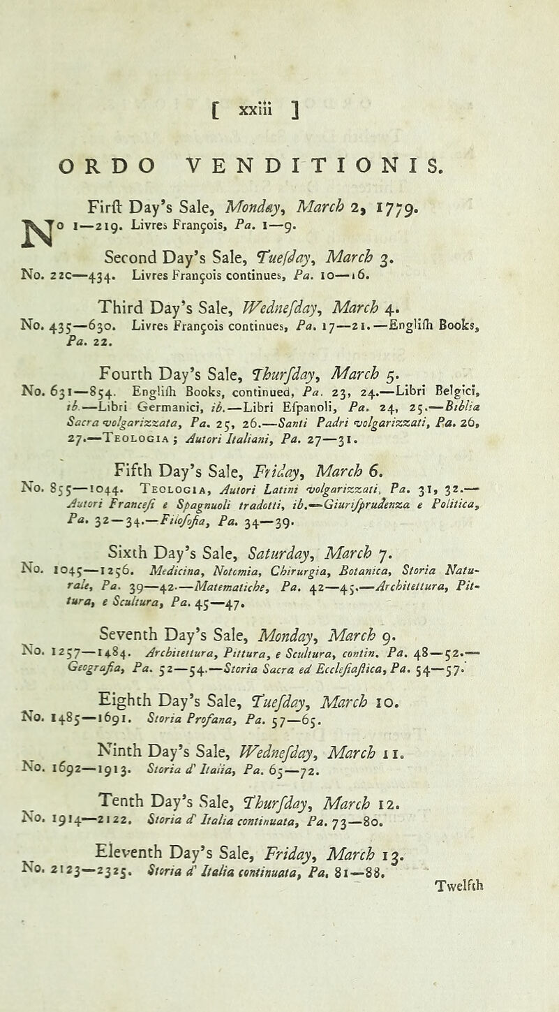 ORDO VENDITIONI S. Firft Day’s Sale, Monday, March 2, 17/9* 1 — 219. Livres Francois, Pa. 1—9. Second Day’s Sale, Tuefday, March 3. No. 22c—434. Livres Francois continues. Pa. 10—16. Third Day’s Sale, Wednefday, March 4. No. 435—630. Livres Francois continues, Pa. 17—21.—Englifh Books, Pa. 22. Fourth Day’s Sale, Fhurfday, March 5. No. 631 — 854. Eng'.iih Books, continued, Pa. 23, 24.—Libri Belgiei, ib.—Libri Germanici, ib.—Libri Efpanoli, Pa. 24, 25.—Btblia Sacra volgarizzata, Fa. 25, 26.—Santi Padri volgarizzati, Pa. 26, 27.—Teologia j Autori Italiani, Pa. 27—31. Fifth Day’s Sale, Friday, March 6. No. 855—1044. Teologia, Autori Lattni volgarizzati, Pa. 31, 32.— Autori Fraticeji e Spagnuoli tradotti, ib.—Giurifprudenza e Politico, Pa. 32 — 341—Fiiofofia, Pa. 34—39. Sixth Day’s Sale, Saturday, March 7. No. IO45—1256. Medicina, Notcmia, Chirurgia, Botanica, Storia Natu- rale. Pa. 39—42—Matematiche, Pa. 42—45.—Architettura, Pit- tura, e Scultura, Pa. 45—47. Seventh Day’s Sale, Monday, March 9. No. I237—1484. Arcbimtura, Pittura, e Scultura, contin. Pa. 48—52.— Gecgrajia, Pa. 52—54.—Storia Sacra ed EcckfiaJUca, Pa. 54—57.' Eighth Day’s Sale, Tuefday, March 10. No. I485 —1691. Storia Profana, Pa. 57—65. Ninth Day’s Sale, Wednefday, March 11. No. 1692—1913. Storia d' Italia, Pa. 65—72. Tenth Day’s Sale, Fhurfday, March 12. No. 1914—2122. Storia d' Italia continuata, Pa. 73—80. Eleventh Day’s Sale, Friday, March 13. No. 2123—2325. 4 //«/?« conttnuata, Pa, 81—88, Twelfth