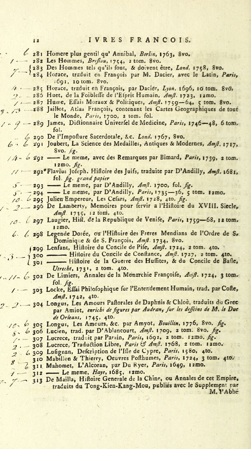 4 / - y. 281 282 {283 ^'284 -4 -—Z85 2. 2 85 / ,— 287 /2 -288 / — 289 „ b 290 b ' b 29 * Homere plus gentil qu’ Annibal, Btrlin, 1763, 8vo. Les Hommes, Brejluu, 1734, 2 tom. 8vo. Des Hommes tels qu’ils font, & doivent etre, Land. 1758, 8vo. Horace, traduit en Francois par M. Dacier, avec le Latin, Paris, 1691, 10 tom. 8vo. Horace, traduit en Francois, par Dacier, Lyon, 1696, 10 tom. 8va, Huet, de la Foiblefle de I’Efprit Humain, Amji. 1723, umo. Hume, Efims Moraux & Politiques, Amji. 1759—64, 5 tom. 8vo. JailFot, Atlas Francois, contenant les Cartes Geographiques de tout le Monde, Paris, \joo, 2 tom. fol. James, Didlionnaire Univerfel de Medicine, Paris, 1746—-48, 6 tom, fol. De l’Impofture Sacerdotale, &c. Land. 1767, 8vo. Joubert, La Science des Medailles, Antiques & Modernes, Amji. 1717, 8vo. fig. / /y~ b igz -— Le rneme, avec des Remarques par Bimard, Paris, 1739, 2 tom. 12mo. Jig. // •- 292*Flavius Jofeph. Hificire des Juifs, traduite par D’Andilly, Amji. 1681, fol Jig. grand papier ,j~ 293 - Le meme, par D’Andilly, Am/I. 1700, fol. Jig. j~. -294 ——• Le meme, par D’Andilly, Paris, 1735—36, 5 tom. 12010. /gi ^295 Julien Empereur, Les Cefars, Amji. 1728, 4to. Jig. ? 296 De Lamberty, Memoires pour lervir a PHiftoire du XVIII. Siecle, Amji 1735, 12 tom. 4to. /A ■ (- 297 Laugier, Hift. de la Republique de Venife, Paris, 1759—68, 12 tom. 12 mo. f. b 298 Legende Doree, oil PHiftoire des Freres Mendians de l’Ordre de S# Dominique & de S. Franjois, Amji. 1734, 8vo. 1299 Lenfant, Hiftoire du Coacile de Pife, Amji. 1724, 2 tom. 4to. <, _ 1 300 ■ 1 — Hilioire du Concile de Conftance, Amji. 1727, 2 tom. 4W. I jot — ■ Hiftoire de la Guerre des Huflites, & do Concile de Bade, Utrecht, 1731, 2 tom. 4U). // Z 302 De Limiers, Annales de la Mdnarchie Franfoife, Amji. 1724, 3 tom. ' fol. fig. / ' 303 Locke, Eflai Philofophique fur 1’Enter/dement Humain, trad, par Cofte, /A' S /' ~ 2 • 2 A w- / — r- Amji. 1742, 4t0' 304 Longus, Les Amours Paftorales de Dapbnis & Chloe, traduits du Grec par Amiot, enrich de figures par Audran, fur les dejfeins de M. It Due de Orleans, 1745, 4to. b 305 Longus, Les Amours, &c. par Amyot, Bouillon, 1776, 8vo. fig. b 306 Lucien, trad, par D’Ablancourt, Amji. 1709, 2 tom. 8vo. fig. - 307 Lucrece, traduit par Parain, Paris, i6gz, 2 tom. r2ino. _ 308 Lucrece, Traduftion Libre, Paris Amji. 1768, 2 tom. 12010. 4309 Lufignan, Defcription de l’lfle de Cypre, Paris, 1580, fto. 310 Mabillon & Thierry, Oeuvres Pofthumes, Paris, 1724, 3 tom. 4«V 2 311 Mahomet, L’Alcoran, par Du Ryer, Paris, 1649, izmo. - j 12 . Le meme, Haye, 1685, i2tno. - 313 De Mailla, Hiftoire Generale de la Chine, ou Annales de cet Empire, traduits du Tong-Kien-Kang-Mou, publics avec le Supplement par M. 1’Abbe V
