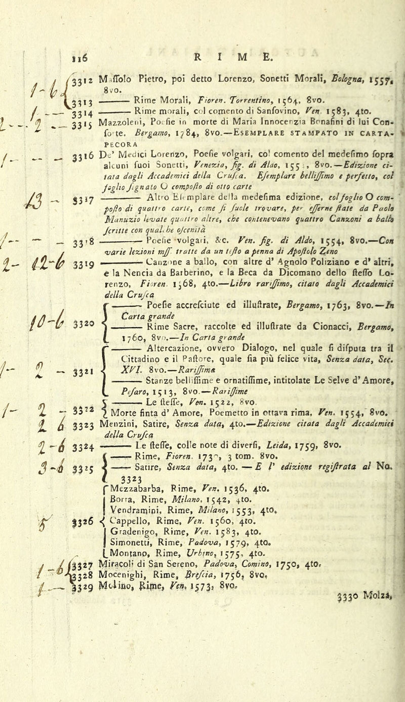 33 I 2 l 33*3 33*4 33*5 33 *6 S3 *7 - 33'8 ^ 33*9 MilTolo Pietro, poi detto Lorenzo, Sonetti Morali, Bologna, 1557, 8 vo. Rime Morali, Fioren. Forrentino, 1564, 8vo. Rime morali, col comento di Sanfovino, Fen 1583, 4W. Mazzoleni, Po, fie in morte di Maria Innocerzia Brnafini di lui Con- fo te. Bergamo, 1784, 8vo. — Esemplare stampato in carta- PECORA De’ Medici Lorenzo, Poefie volgari, col comento del medefimo fopra alcuni fuoi Sonetti, Venezia, fig. di Alao, 155 , 8vo.—Edizione ci- tato dagli Accademtci della Cru/ia. EJemplare bellijfimo e perfetto, col Jigho fignato O compo/lo di otto carte — Altro EEmplare della medefima edizione, colJoglio O com- po/lo di quattro carte, come Ji Jucle trovare, per ejfierne ftate da Paolo Manuzio Itvale quotlro altre, che contenevano quattro Canzoni a hallo Jcritte con quaLhe ojcenita Poelie volgaii, &c. Ven. fig. di Aldo, 1554, 8vo.—Con 3320 - 33ZI ~ S372 L 3323 i 3324 i 33 25 S32<5 ^328 - 3329 marie lezioni mjfi tratte da un ttfio a penna di Apojlolo Zeno . Canzone a ballo, con altre d’ Agnolo Poliziano e d’ altri, e la Nencia da Barberino, e la Beca da Dicomano dello fte/To Lo- renzo, Fioren. 1 j 68, 4to.—Libra ranjjimo, citato dagli Accademici della Crujca Poefie accrefciute ed illuftrate, Bergamo, 1763, 8vo.—In Carta grande Rime Sacre, raccolte ed illuftrate da Cionacci, Bergamo, 1760, 8vo.—In Carta grande Altercazione, owero Dialogo, nel quale fi difputa tra il Cittadino e il Paftore, quale fia piu felice vita, Senza data. Sec. XVI. 8vo.—Rarijfimet Starze belliffime e omatifiime, intitolate Le Selve d’Amore, Pifaro, 1513, 8vo. — Rariffime - Le tleffe, Ven. 1522, 8vo \ Morte finta d’ Amore, Poemetto in ottava rima, Ven. 1554, 8vo. Menzini, Satire, Senza data, Edizione citato dagli Accademici della Crvjca Le (lefle, colle note di diverfi, Lei da, 1759, 8vo. S- — Rime, Fioren 173^, 3 tom. 8vo. Satire, Senza data, 4to. — El' edizione regifirata al No. 3323 {Mezzabarba, Rime, Ven. 1536, 4tO. j Borra, Rime, Milano, 1542, ^.to. | Vendramipi, Rime, Milano, 1553, 4tO, Cappello, Rime, Ven. 1560, 4to. IGradenigo, Rime, Ven. 1583, 4W. Simonetti, Rime, Padova, 1579, 4tO. LMontano, Rime, Urb\no, 1575, 4to. Miracob di San Sereno, Padova, Comino, 1750, 4t0, Mocenighi, Rime, Rrefcia, 1756, 8vo, Mclino, Rijne, Yen, 1573, 8yo„ 3330 Molza,