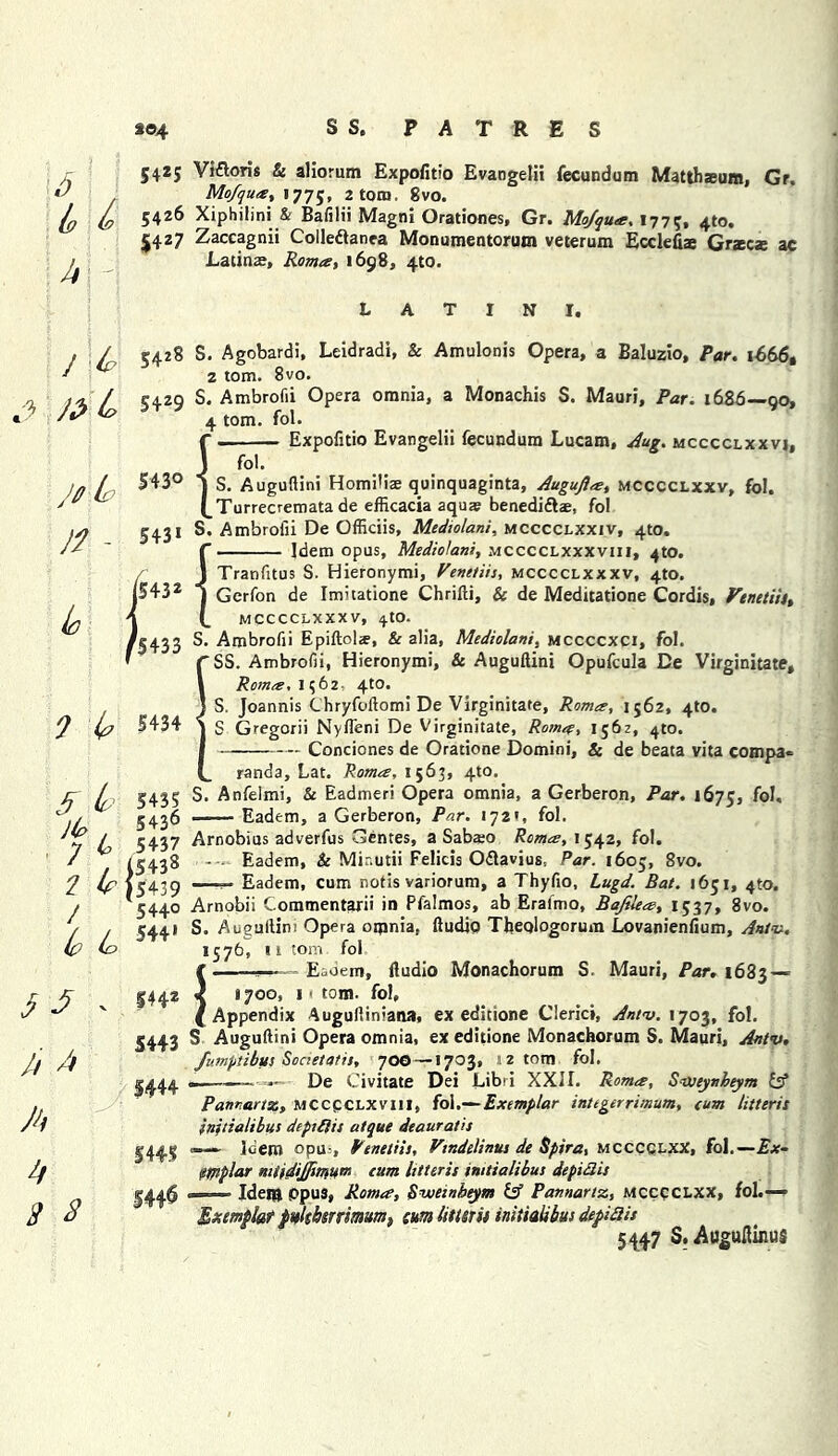 \5 6 i it J \(p 5425 Vision's Si aliorum Expofitio Evangelii fecundum Mattbseum, Gr. Mo/qua, 177;, 2 tom, 8vo. 5426 Xiphilini & Bafilii Magni Orationes, Gr. Mo/qua, 1775, 410. 5427 Zaccagnii Colleftanca Monumentorum veterum Ecclefia Grtecz ac Latinae, Roma, 1698, 4to. 5428 S4Z9 9 If 5434 £ L j(p , 7 4 2 if / Ip Id 5 3 A * A A 2 2 5435 5436 5437 45438 15439 5440 544» 5442 5443 1444 5445 14# L A T I N I. S. Agobardi, Leidradi, & Amulonis Opera, a Baluzio, Par. 1666, 2 tom. 8vo. S. Ambrofii Opera omnia, a Monachis S. Mauri, Par. 1686—90, 4 tom. fol. Expofitio Evangelii fecundum Lucam, Aug. mcccclxxvi, fol. S. AuguAini Homi'is quinquaginta, Augufta, mcccclxxv, fol. Turrecremata de efficacia aqua; benedidtae, fol S. Ambrofii De Officiis, Mediolani, mcccclxxiv, 4M. Idem opus, Mediolani, mcccclxxxviii, 4to. Tranfitus S. Hieronymi, Venetiis, mcccclxxxv, 4to. Gerfon de Imitatione Chrifti, Si de Meditatione Cordis, Vtnetiit, MCCCCLXXXV, 4tO. S. Ambrofii Epiftolae, & alia, Mediolani, mccccxci, fol. SS. Ambrofii, Hieronymi, & AuguAini Opufcula De Virginitate, Roma, J562, 410. S. Joannis ChryfoAomi De Virginitate, Roma, 1562, 4to. S Gregorii Nyfleni De Virginitate, Roma, 1562, 410. Conciones de Oratione Domini, & de beata vita cotnpa< randa, Lat. Roma, 1563, 4to. S. Anfelmi, & Eadmeri Opera omnia, a Gerberon, Par. 1675, fol, Eadem, a Gerberon, Par. 172', fol. Arnobius adverfus Gentes, a Sabteo Roma, 1542, fol. Eadem, & Mir.utii Felicis Odlavius, Par. 1605, 8vo. —— Eadem, cum notis variorum, a Thyfio, Lugd. Bat. 1651, 4to. Arnobii Commentarii in Pfalmos, ab Erafmo, Bajilea, 1537, 8vo. S. Augullim Opera otpnia, Audio Tbeqlogorum Lovanienfium, Antv. 1576, it tom fol —• Eadem, Audio Monachorum S. Mauri, Par. 1683 — i 700, 1 - tom. fol. Appendix Augufiiniana, ex editione Clerici, Antv. 1703, fol. S AuguAini Opera omnia, ex editione Monachorum S. Mauri, Antv. fumptibus Societatis, 70© —1703, 12 tom fol. to—-— De Civitate Dei Libri XXII. Roma, Sxveynheym & Pannartz, MCCpCLXvm, foi.—Exemplar integerrimum, turn litteris initialibus dept Ait atque deauratis —— Idem opm, Venetiis, Vindelinus de Spira, MCCCQLXX, fol.—Ex- emplar mtfdijjimum cum litteris initialibus depidis «—> Idem Ppus, Roma, Svjeinbeym & Pannartz, mcccclxx, fol.— Exemplar pstkbsmmum} mm litter it initialibus depidis 5447 S. AuguAinus