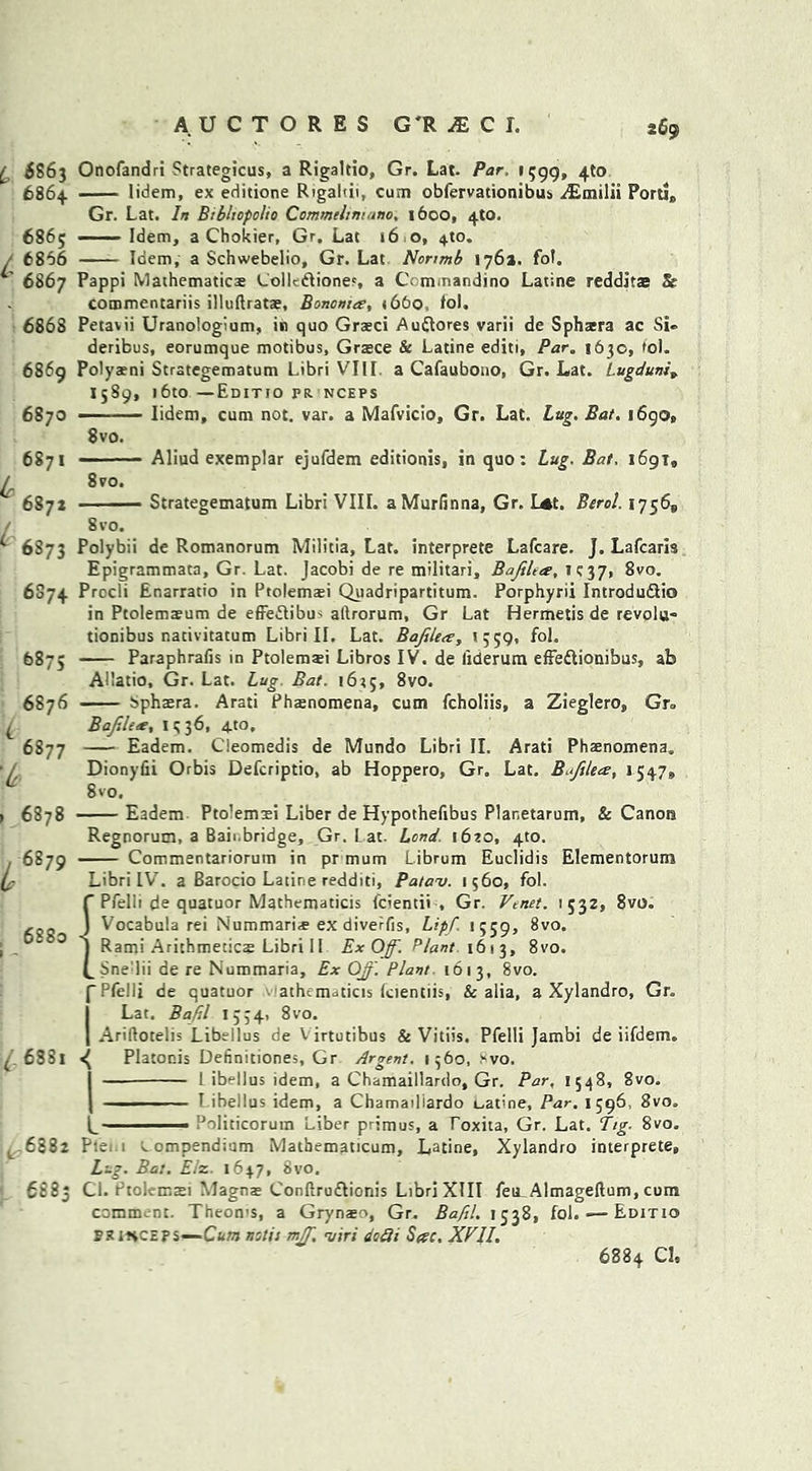 u «63 6864 6865 / 6856 6867 6868 6869 6870 6871 Onofandri Strategics, a Rigaltio, Gr. Lat. Par, 1599, 4to lidem, ex editione Rigaltii, cum obfervationibu* ^Emilii Portl, Gr. Lat. In Btbliopolio Commelimano, 1600, 4W. Idem, a Chokier, Gr, Lat 16 o, 410. Idem, a Schwebelio, Gr. Lat Nonmb 176a. fol. Pappi Mathematics Colle&iones, a Cc mmandino Latine redditas Sc commentariis illuftrats, Bononia, »66o. fol. Petavii Uranologium, in quo Graeci Audlores varii de Sphsra ac Si- deribus, eorumque motibus, Grsce & Latine editi. Par. 1630, fol. Polyaeni Strategematum Libri VIII a Cafaubono, Gr. Lat. Lugduni» 1589, i6to —Editio PR NCEPS ■ lidem, cum not. var. a Mafvicio, Gr. Lat. Lug. Bat. 1690, 8vo. 8 ro. 6871 f 6S73 6S74 6875 6876 L 6877 % , 6878 ^6879 , 6880 (. 683i «( Aliud exemplar ejufdem editionis, in quo: Lug. Bat. 169T, ■ Strategematum Libri VIII. aMurlinna, Gr. L*t. Berol. 1756* 8 vo. Polybii de Romanorum Militia, Lat. interprete Lafcare. J. Lafcaris Epigrammata, Gr. Lat. Jacobi de re militari, Baftlea, 1^37, 8vo. Procli Enarratio in Ptolemsi Quadripartitum. Porphyrii Introduftio in Ptolemsum de effedlibus aftrorum, Gr Lat Hermetis de revolt:- tionibus nativitatum Libri II. Lat. Baftlea, 1359, fol. Paraphrafis in Ptolemsi Libros IV. de liderum effeftionibus, ab Allatio, Gr. Lat. Lug Bat. 16:5, 8vo. Sphsra. Arati Phenomena, cum fcholiis, a Zieglero, Gr° Bafile*, 1336, 410, Eadem. Cleomedis de Mundo Libri II. Arati Phenomena. Dionyfii Orbis Defcriptio, ab Hoppero, Gr. Lat. Baftlea, 1.54.7, 8 vo. Eadem Pto’emsi Liber de Hypothefibus Planetarum, & Canon Regnorum, a Bail.bridge, Gr. Lat. Lend. i6ao, 4to. Commentarioruin in pr mum Librum Euclidis Elementorum Libri IV. a Barocio Latine redditi, Patav. 1560, fol. C Pfelii de quatuor Mathematicis fcientii , Gr. Venet. 1532, 8vo. ) Vocabula rei Nummari* ex diverfis, Lipf. 1559, 8vo. J Rami Arithmetics Libri 11 Ex Off. Plant 1613, 8vo. LSne lii de re Nummaria, Ex Off. Plant 1613, 8vo. pPfelii de quatuor athem^ticis Lcientiis, & alia, a Xylandro, Gr. Lat. Bafil 1534. 8vo. Ariftotelis Libellus de Virtutibus & Vitiis. Pfelii Jambi de iifdem. Platonis Definitiones, Gr Argent. 1360, .^vo. 1 ibellus idem, a Chamaillardo, Gr. Par. 1548, 8vo. I ibellus idem, a Chamailiardo Latme, Par. 1596, 8vo. ■ ■ Politicorum Liber primus, a Foxita, Gr. Lat. Tig. 8vo. -6882 Pfei.i compendium Mathematicum, Latine, Xylandro interprete. Lug. Bat. Elz. 1647, 8vo. 6S83 Cl. Ptolemsi Magns Conftru&ionis Libri XIII feU-Almageftum, cum comment. Theon's, a Grynso, Gr. Bafil. 1538, fol. —- Editio va 1-hceps—Cum nstis mff. utri dcfli Sac. XVII. 6884 Cl,