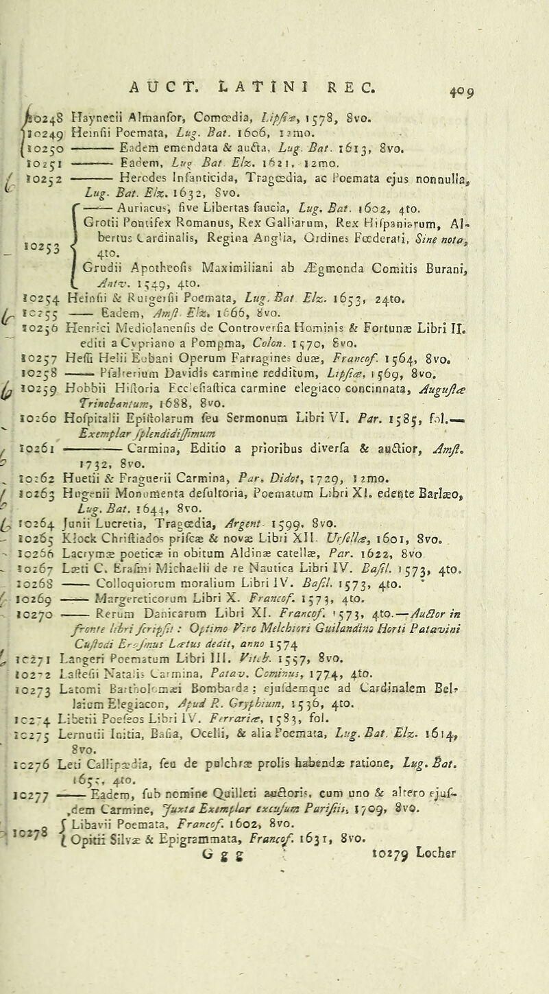 4° 9 jioz^S Haynecii Almanfor, Comcedia, l.ip/?, 1578, Svo. 110249 Hemfii Poemata, Lug. Bat. 1606, i:mo. /10250 10251 Eadem emendata & aufta, Lug Bat. 1613, 8vo. Eadem, Luo Bat Elz. 1621, i2mo. Hercdes Infanticida, Tragcedia, ac Poemata ejus nonnulla. 1025 (r Lug- Bat. Eix. 1632, Svo. Auriacus, five Libertas faucia, Lug. Bat. 1602, 4to. Grotii Pomifex Romanus, Rex Galbarum, Rex Hi('p3niarum, AI- bertus Cardinalis, Regina Anglia, Grdines Fccderati, Sine nota, 4*°- Grudii Apotheofis Maximiiiani ab ^Egtncnda Corr.itis Burani, Ant<v. 1549, 4to. 10254 Heiofii & Ruigeifii Poemata, Lug. Bat Elz. 1653, 2410. 10255 Eadem, Am/. Elz. 1666, Svo. J025O Henrici Mediolanenfis de Controverfia Hominis & Fortunae Libri II. editi aCvpriano a Pompma, Colon. 1570, Svo. 10257 Heffi Heiii Eobani Operum Farragines duse, Franco/. 1564, 8vo. 10258 Plaberium Davidis carmine redditum, Lipfue, 1 569, 8vo. 10259 EJobbii Hiltoria Ecc’eliaftica carmine elegiaco concinnata, Augu/at Trinobanium, I 688, 8vo. 10260 Hofpitalii Epiliolarum feu Sermonum Libri VI. Par. 1585, fol.— Exemplar fplendidiffimum 10261 Carolina, Editio a prioribus diverfa & auflior, Am/. 1732, 8vo. 10:62 Huetii & Fraguerii Carmina, Par. Didot, 1729, umo. 10263 Hugenii Monomenta defultoria, Poematum Libri Xl. edente Barlaeo, Lug. Bat. 1644, 8vo. 10264 Junii Lucretia, Tragcedia, Argent- 1599. Svo. 10265 Kiock Chriftiados prifcae & novae Libri XII Ur/ellre, 1601, Svo. 10256 Lacrymte poetics in obitum Aldinae catellae, Par. 1622, 8vo 10267 Lreti C. Erafmi Michaelii de re Nautica Libri IV. Ba/l. 1573, 4to. 20268 Colloquiorum raoralium Libri IV. Ba/l. 1573, 4m. 10269 Margereticorum Libri X. FrancoJ. 1573, 4to. 10270 Rernm Danicarum Libri XL Franco/. '573, 4to.—Auttor in /rente 1,-iri/cnp/i : Optimo Eire Melcbtori Guilandina Horti Patauini Cu/odi EroJmus Lretus dealt, anno 1574 10271 Langeri Poematum Libri III. Viteb. 1557, 8vo. 1022 Laftefii Natalis Carmina, Patau. Cominus, 1774, 4to. Laromi BanhoP msi Bombards: ejufdemqae ad C'ardinalem Beb laicm Elegiacon, Apud R. Gryphium, 1536, 4to. Libetii Poefeos Libri IV. Ferrari,?, 1 583, fol. Lernutii Initia, Balia, Ocelli, & alia Poemata, Lug. Bat. Elz. 1614, 8 vo. 10276 Leti Callinscdia, feu de polchrte prolis habendae ratione, Lug. Bat. 163c, 410. Eadem, fub nomine Qjaillexi au&oris, cum uno & altero ejuf. ,dem Carmine, Junta Exemplar txcu/um Pari/is, J709, 8vo. 10273 102-4 10275 IC277 t . j Libavii Poemata, Franco/. 1602, 8vo. !C2^ l Opidi Silvse & Epigrammata, Franco/. 1631, 8vo. G g g X0279 Locher