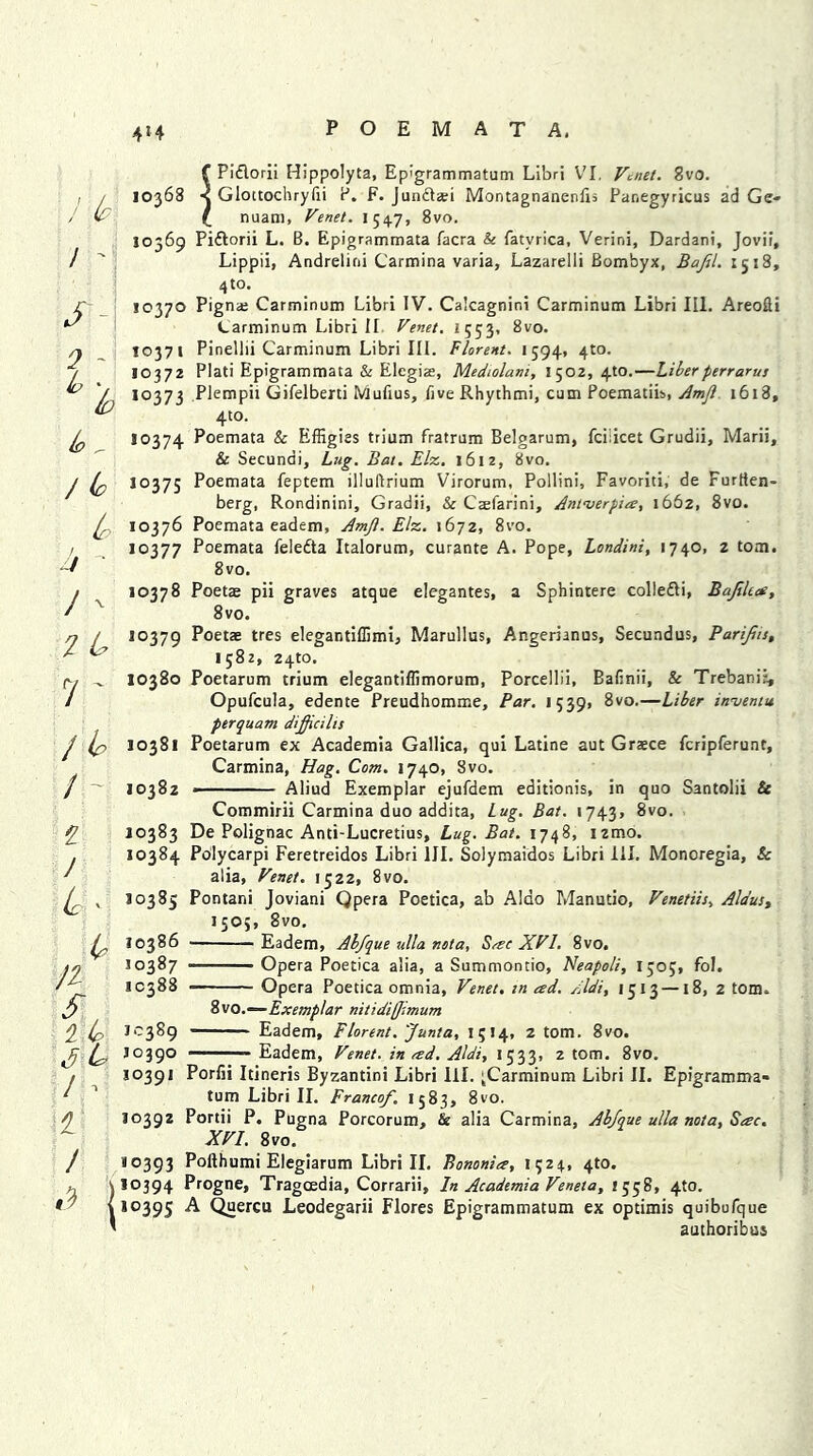 4*4 ' i if / ' £- Q ~ (o r / (o L / ./ / - 2 L 7 ' / b / 2 J H % 3 L I ' 1' / f Piflorii Hippolyta, Ep'grammatum Libri VI. Venet. 8vo. 10368 < Glottochryfii P. F. Jundlari Montagnanerifis Panegyricus ad Ge- nuani, Venet. 1547, 8vo. 10369 Piflorii L. B. Epigrammata facra & fatvrica, Verini, Dardani, Jovii, Lippii, Andrelini Carmina varia, Lazarelli Bombyx, Bajil. 1518, 4to. 10370 Pigna; Carminum Libri IV. Calcagnini Carminum Libri III. Areofii Carminum Libri II Venet. 1553. 8vo. T0371 Pinellii Carminum Libri III. Florent. 1594. 4to. 10372 Plati Epigrammata & Elegiae, Mediolani, 1502,410.—Liberperrarus 10373 Plempii Gifelberti tViufius, fiveRhythmi, cum Poematiis, Amfi 1618, 4to. 10374 Poemata & Effigies trium fratrum Belgarum, fciiicet Grudii, Marii, & Secundi, Lug. Bat. Elz. 1612, 8vo. 10375 Poemata feptem illuftrium Virorum, Pollini, Favoriti, de Furtten- berg, Rondinini, Gradii, & Crefarini, Antverpia, 1662, 8vo. 10376 Poemata eadem, Amjl. Elz. 1672, 8vo. jo377 Poemata feledta Italorum, curante A. Pope, Londini, 1740, 2 tom. 8vo. 10378 Poetae pii graves atque elegantes, a Sphintere collefti, Bajilea, 8vo. 10379 P°etae tres elegantiffimi, Marullus, Angerhnus, Secundus, Parifits, 1582, 24m. 10380 Poetarum trium elegantiffimorum, Porcellii, Bafinii, & Trebanis, Opufcula, edente Preudhomme, Par. 15391 8vo.—Liber invent* perquam dij/cilts 10381 Poetarum ex Academia Gallica, qui Latine aut Graece fcripferunt, Carmina, Hag. Com. 1740, 8vo. 10382 Aliud Exemplar ejufdem editionis, in quo Santolii Sc Commirii Carmina duo addita, Lug. Bat. 17431 8vo. 10383 De Polignac Anti-Lucretius, Lug. Bat. 1748, izmo. 10384 Polycarpi Feretreidos Libri III. Solymaidos Libri 111. Monoregia, Sc alia, Venet. 1522, 8vo. 10385 Pontani Joviani Qpera Poetica, ab Alao Manutio, Venetiis, Aldus, 1505, 8vo. 10386 Eadem, Ab/que ulla nota, Srec XVI. 8vo. 10387 Opera Poetica alia, a Summontio, Neapoli, 1505, fol. 10388 Opera Poetica omnia, Venet. tn ad. fldi, 1513 —18, 2 tom. Svo.—Exemplar nitidifjimum J.0389 ■ ■ ■ Eadem, Florent. Junta, 1514, 2 tom. 8vo. 10390 —Eadem, Venet. in ad. Aldi, 1533, 2 tom. 8vo. 10391 Porfii Itineris Byzantini Libri 111. ;Carminum Libri II. Epigramma- tum Libri II. Franco/. 1583, 8vo. 10392 Portii P. Pugna Porcorum, & alia Carmina, Abfque ulla nota, Sac. XVI. 8vo. 10393 Pofthumi Elegiarum Libri II. Bononia, 1524, 410. 10394 Progne, Tragcedia, Corrarii, In Academia Veneta, 1558, 410. 10395 A Quercu Leodegarii Flores Epigrammatum ex optimis quibufque authoribus