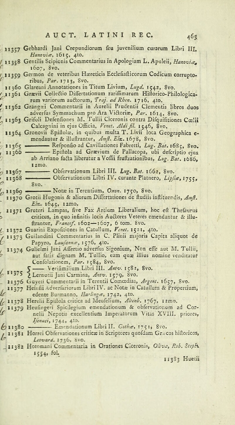 465 11357 Gebhardi Jani Crepundiorum feu juvenilium curarum Libri HI. Hanov'ue, 1615, 4to. / 11358 Gentilis Scipionis Commentarius in Apologiam L. Apuleii, Hanovia* ' 1607, 8vo. / 11359 Germon de veteribus Hasreticis Ecclefiafticorum Codicum corrupto- ^ ribus, Par. 1713, Svo. 11360 Glareani Annotations in Titum Livium, Lugd. 1542, 8vo. ^11361 Grasvii Colleftio Diflertadonum rarifiimarum Hiftorico-Philologica- rum variorum audtorum, Traj. ad Rhen. 1716, 4to. * 11362 Grangaei Commentarii in Aurelii Prudentii dementis libros duos adverfus Symmachum pro Ara Vidtoriaj, Par. 1614, 8vo. 11363 Grifoli Defenfiones M. Tullii Ciceronis contra Difquifitiones Ccelii Calcagnini in ejus OfHcia, Ft net. Aldi fil. 1546, 8vo, 11364 Gronovii Epiftolse, in quibus multa T. Livii loca Geographica e* mendantur & illuftrantur, Amfl. EIz. 1678, 8vo. 11365 1 Refponflo ad Cavillationes Fabretti, Lag. Bat. 1685, 8vo. 11366 Epiftola ad Grasvium de Pallacopa, ubi defcriptio ejus. ab Arriano fatta liberatur a Voffii fruftradonibus, Lug. Bat. 1686, 12mo. Obfervationum Libri III. Lug. Bat. 1662, 8vo. Obfervationum Libri IV. curante Platnero, Lipfea, 1755, Svo. ■ Notae in Terentium, Oxon. 1750, Svo. ? 11367 ^11368 '0**369 .. . . . 11370 Grotii Hugonis & aliorum Diflertadones de ftudiis inftituendis, Amji. Elz. 1645, i2mo. 11371 Gruteri Lampas, five Fax Artium Liberalium, hoc eft Thefaurus 5 cridcus, in quo infinitL locis Au&ores Veteres emendantur & illu- ftrantur, Franccf. 1602—1607, 6 tom. 8vo. L 11372 Guarini Expofitiones in Catullum, Venet. 1521, 4to. V 11373 Guilandini Commentarius in C. Plinii majoria Capita aliquot de is Papyro, Laufanna, 1576, 4tO. ( 11374 Gulielmi Jani Aflerdo adverfus Sigonium, Non efle aut M. Tullii, 2 aut fads dignam M. Tullio, earn quae illius nomine vendnatur Confolationem, Par. 1584, 8vo. C Yeriumilium Libri III. Antv. 1582, 8vo. ^ ! 375 £ Lern utii Jani Carmina, Antv. 1579. 8vo. 11376 Guyed Commentarii in Terentii Comcedias, Argent. 1657, 8vo. 11377 Heinfii .-»cverfariorum Libri IV. ac Notae in Catullum & Properdum, LA edente Burmanno, Ha'hnga, 1742, 4to. {j- 11378 Herelii Epiftola critica ad Meufelium, Altenb. 1767, i2mo. / 11379 Heufingeri Spicilegium emendationum & obfervationum ad Cor- if nelii Nepods excellentium Imperatorum Vitas XVIII. priores, Ijenaci, I 744, 4‘0. £>11380 Emendauonum Libri II. Gotha, r’gij 8vo. 11381 Horrei Obfervationes criticas in Scriptores quofdam Gracos hiftoricos, Leovard. 1736, 8vo. Lr __ 11382 Hotomani Commentaria in Orationes Ciceronis, Oliva, Rob. Step fa. J 5 4» 11383 Huetii