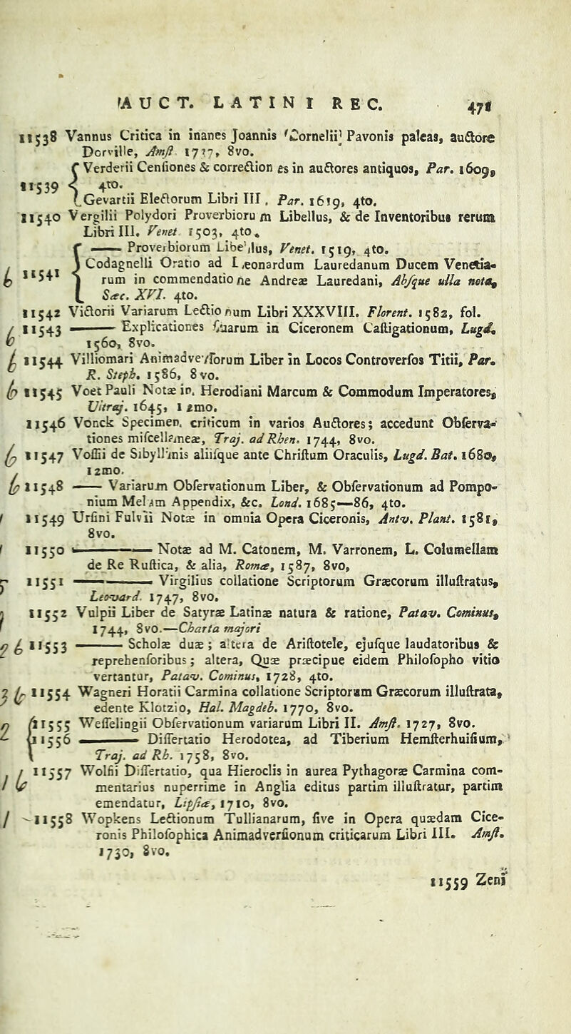 47* 11538 Vannus Critica in inanes Joannis fCorneIii] Pavonis palcas, au&ore Dcrville, Amft 1717, 8vo. f Verderii Ceniiones 5c correftion es in au&ores antiquos, Par. i6ogt *1539 < +tO. (.Gevartii Eleflorum Libri III, Par. 1619, 4to. 11540 Vergilii Polydori Proverbioru m Libellus, & de Inventoribus rerum Libri III. Venet 1503, 4to» f —— Prove! biorum i-ibe\|Us, Venet. 1519, 4to. \ Codagnelli Orat'10 ad L,eonardum Lauredanum Ducem Venrtia- © 1154 S rum jn commendatione Andreas Lauredani, Ab/que uUa ncia, L Site. XVI. 410. 11542 Vi&orii Variarum Le&ionum Libri XXXVIII. Florent. 1582, fol. / **543 — — Explications ^uarum in Ciceronem Caftigationum, Lugd* t> 1560, 8vo. / 11544 Villiomari Aflimadve/Forum Liber In Locos Controverfos Titii, Par. 6 R. Stepb. 1586, 8 vo. (n U545 Voet Pauli Notae in. Herodiani Marcum & Commodum Imperatores, TJitroj. 1645, 1 amo. 11546 Vonck Specimen, cridcum in varios Auftores; accedunt Obferva- tiones mifcellfmeae, Traj.adRben. 1744, 8vo. 11547 Voflii de SibylPmis aliifque ante Chriftum Oraculis, Lugd. Bat. 1680, . izmo. fa 11548 — Variarum Obfervationum Liber, & Obfervationum ad Pompo- nium Mel am Appendix, 5cc. Lond. 1685—86, 4to. 11549 Urfini Fulvli Notre in omnia Opera Ciceronis, Antv. Plant. 1581, 8vo. 11550 <- ■ —■ Notae ad M. Catonem, M. Varronem, L. Columellatn de Re Ruftica, & alia, Roma, 1587, 8vo, Virgil! us collatione Scriptorum Graecorum illuftratus. ilSSi Leovard. 1747, 8vo. j 11552 Vulpii Liber de Satyrae Latinae natura & ratione, Patav. Cemixust 1744, 8vo.—Charta tnajori n b 1*553 ~— Scholae dux; a tera de Ariftotele, ejufque laudatoribus & reprebenforibus; altera. Quae prxeipue eidem Philofopho vitio vertantur, Patav. Cominus, 1728, 4W. 2 (r 11554 Wagneri Horatii Carmina collatione Scriptorum Graecorum illuftrata, y edente Klotzio, Hal. Magdeb. 1770, 8vo. 55 Weffeliogii Obfervationum variarum Libri II. Amjl. 1727, 8vo. 56 ■ Differtatio Herodotea, ad Tiberium Hemfterhuifium, f15 f 15 5 Traj. ad Rh. 1758, 8vo. / 11557 Wolfii Differtatio, qua Hieroclis in aurea Pythagoras Carmina com- / lV mentarius nuperrime in Anglia editus partim illuftratur, partim emendatur, Lipfta, 1710, 8vo. / 11558 Wopkens Leftionum Tullianarum, five in Opera quxdam Cice- ronis Philofophica Animadverfionum criticarum Libri III. Amft. 1730, 8vo. 11559 Zeni‘