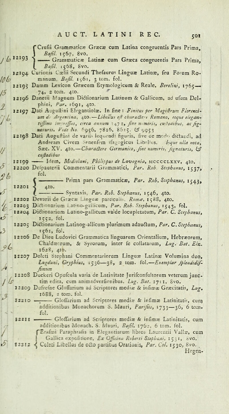 /612193 f 501 Crufii Grammatics Grscs cum Latina congruentis Pars Prima, Bafel. 1567, 8vo. — Grammatics Latin* cum Grsca congruentis Pars Prima, Bafil. 1568, Svo. 12194 Curionis Cslii Secundi Thefauru' Linguae Latins, feu Forum Ro- I Dip manum. Bofil, 1561, 3 tom. fol. 12193 Damm Lexicon Grscum Etymologicum & Reale, Berol'tni, 1765— /$ 74. _ 2 tom. 4to. r 12196 Danetii Magnum DifHonarium Latinum & Gallicum, ad ufum Del- .7 phini, Par. 1691, 410.  12197 ©at' Auguftmi Elegaruiols, In fine: Finitus per Magiflrum Florence- itm a Argentina, 4to. — Libellut ejl cbaradere Romano, eoque eiegan- / • tijjtmc iwrejfus, circa annum 47 fine n merit, cuHodibus, ac Jig- naturis. Fide Bo ''956, 7816, 8625, tif 9953 X2I9S Dati Auguflini de varii' loquend’ figuris, five ae mod', ditlandi, ad Andream Civem tienenfem ifagogicus Libebus. btque ulla nota, Ssc. XV. 4to. — Charadere Germanico, .Jlne numeris. Jignaturis, & cujiodibus HI99 Idem, Mediolani, Philippus de Lanjognia, mcccclxxv, 410. I22CO Delpauterii Commentarii Grammatici, Par. Rob Stepbanus, 1537, fol. Prima pars Grammatics, Par. Rob. Stephanas, 1543, // O ‘Jk 12201 4:0. Syntaxis, Par. Rob. Stepbanus, 1546, 4to. 'Lr 9 b 12202 Devarii de Grscs Lingua pamculis. Romee, 1588, 4to. 12203 Dicbonarium Latino-gailicum, Par. Rob. Stepbanus, 1543, fol. 12204 Ditbonarium Latino-gailicum valde locupletatum, Par. C. Stepbanus, t9 1552, fol. 12205 Diclionarium Latinog-allicum plurimum adau&um, Par, C. Stepbanus, *3 1561, fol. 12206 De Dien Ludovici Grammatica linguarum Orientalium, Hebrsorum, Chaldscrum, & byrorum, inter fe collatarum. Lug, Bat. Else. 162?, 4to. 12207 Doleti Stephani Commentariorum Lingus Latins Volumina duo, Lugduni, Grypbius, 1536—38, 2 tom. fol.—Exemplar Jplendidif- pf ~ fimum I220S Duckeri Opufcula varia de Ladnitate Jurifconfultorum veterum junc- J Is dm edita, cum animadverfionibus. Lug. Bat. 1711, Svo. 12209 Dufrefne Gloflarium ad Scriptores media & infima Grscitatis, Lug. 1688, 2 tom. fol. I2zio —- Gloflarium ad Scriptores media & inflms Latinitatis, cum additionibus Monachorum S. Mauri, Parijiis, 1733—36, 6 tom. fol. 12211 - - ■ ■ Gloflarium ad Scriptores media & infims Latinitads, cum addkior.ibcs Monach. S. Mauri, Bajil. 1762, 6 tom. fol. pErafmi Paraphrafis in Elegandarum libros Laurentii Vails, cum Gallica expofitione. Ex Gffuina Robert! Stephaai, 1531, svo. 12212 Cc'ed Libellas de octo parribus Qradonis, Par. Col. 1530, 8vo. Hegen- J s